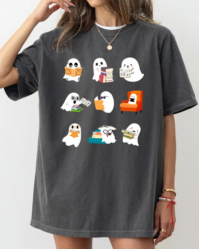 Book Lover Mini Ghosts, Skeleton, Coffin, Funny, Pumpkin, Spooky, Witch, Aesthetic, Meme, Halloween, Costume, Tshirt Comfort Colors T-Shirt sold by Refinery Number One