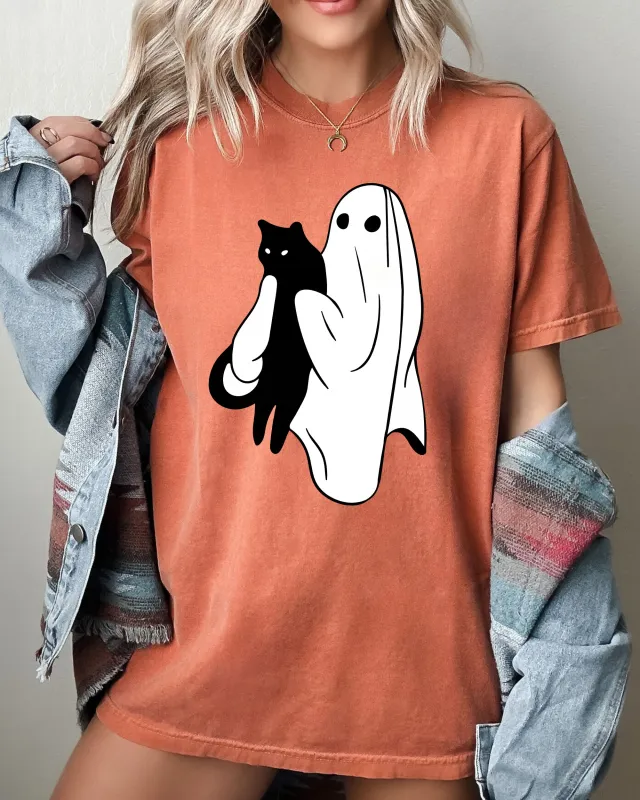 Ghost and Cat, Skeleton, Witch, Skull, Funny, Spooky, Aesthetic, Meme, Halloween, Costume, Tshirt Comfort Colors T-Shirt sold by Refinery Number One