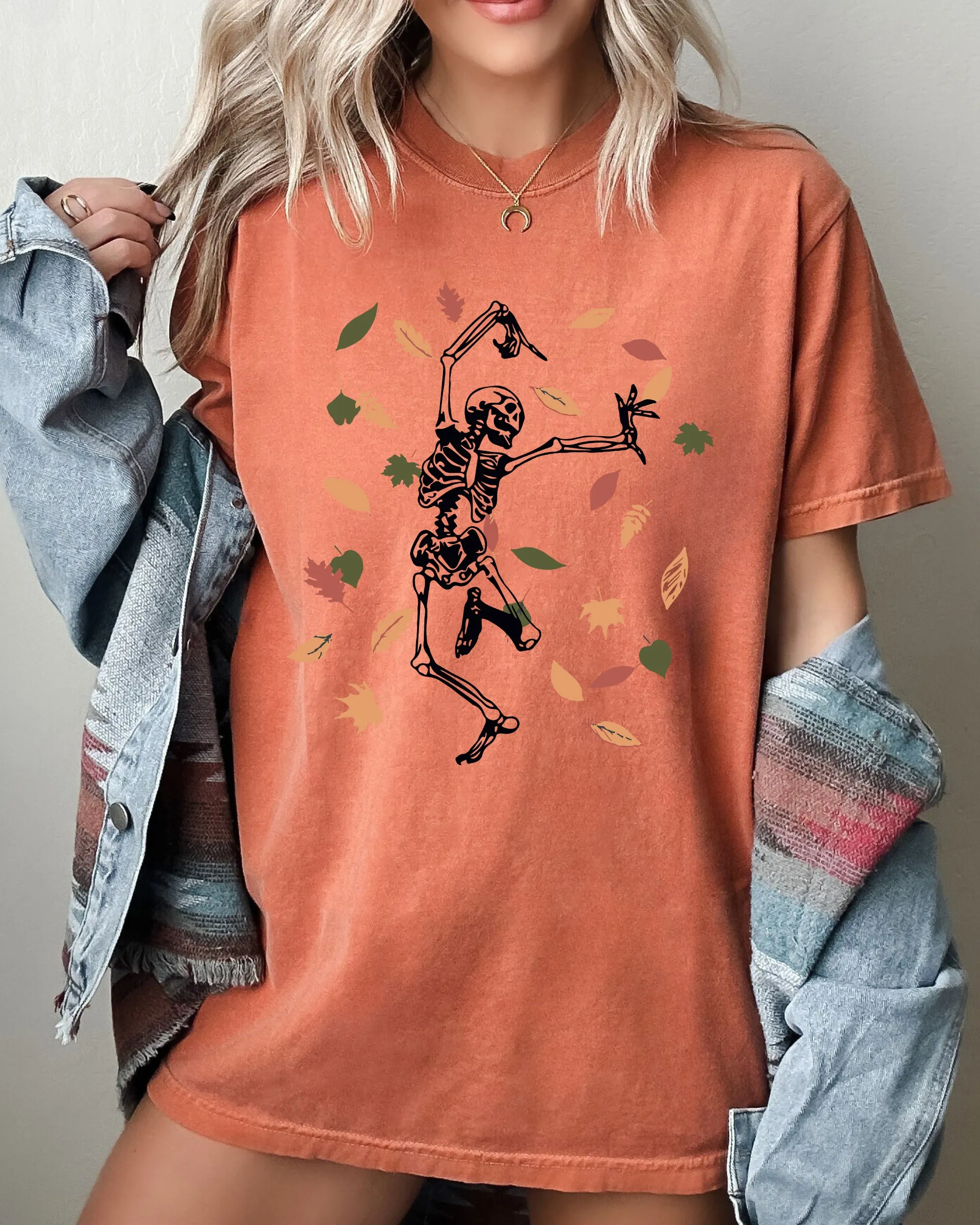 Fall Leaves Skeleton Ghost Witch Skull Spooky Halloween Costume Comfort Colors Tee sold by Refinery Number One product image thumbnail 2