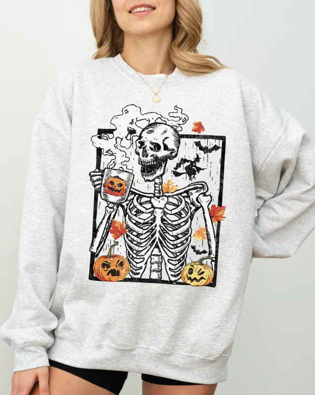 Skeleton Coffee, Pumpkin, Witch, Aesthetic, Funny, Meme, Halloween, Spooky, Costume Sweatshirt sold by Refinery Number One