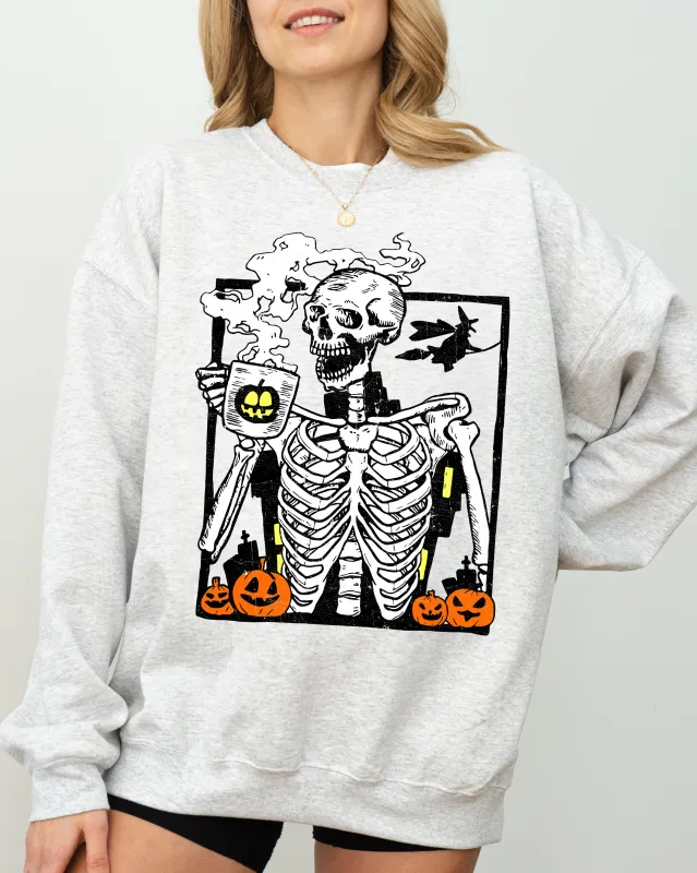 Coffee Lover Skeleton, Funny, Witch, Aesthetic, Meme, Halloween, Spooky, Costume Sweatshirt sold by Refinery Number One
