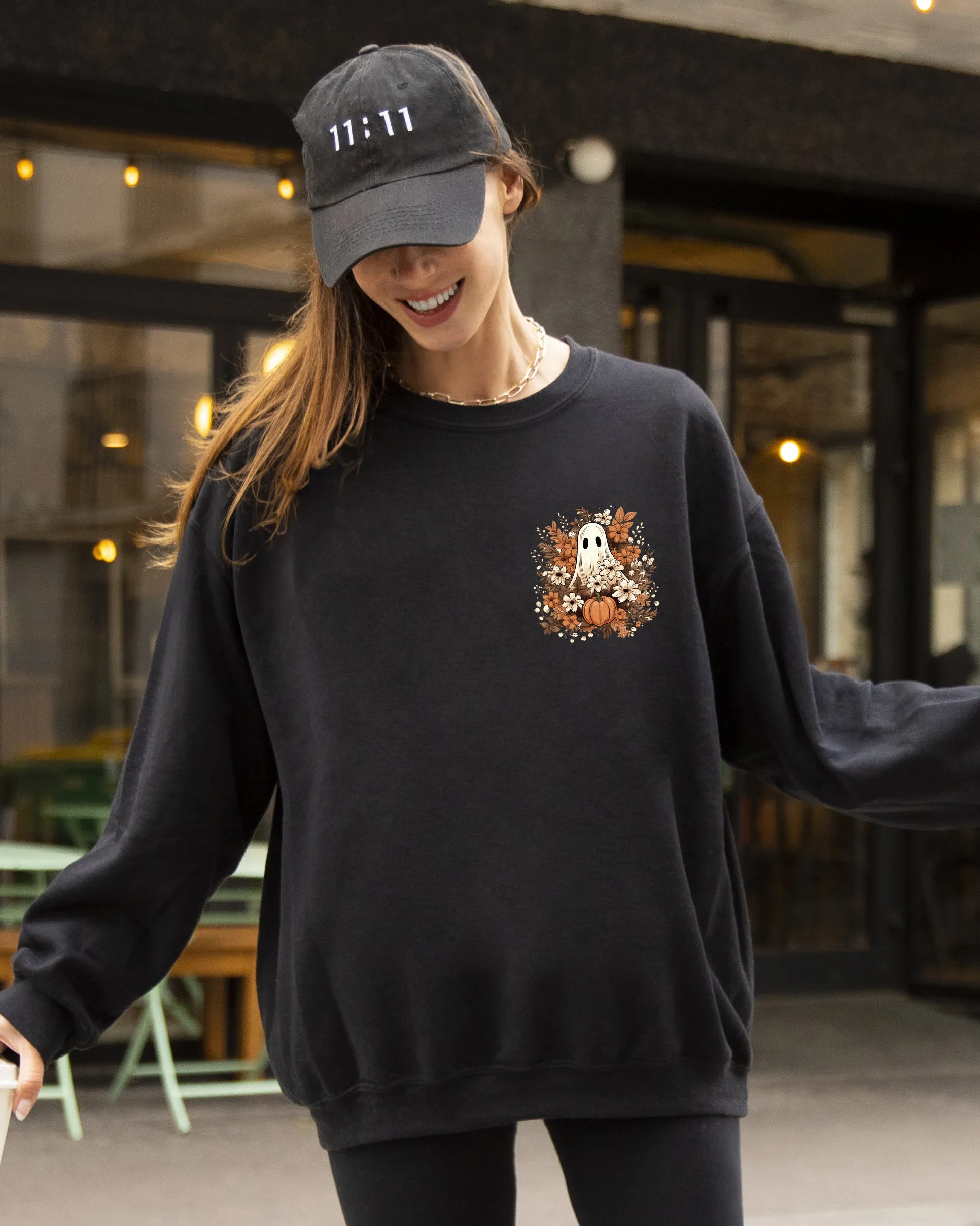 Floral Ghost, Pocket, Skeleton, Spooky, Funny, Witch, Aesthetic, Meme, Halloween, Costume Sweatshirt sold by Refinery Number One product image thumbnail 4