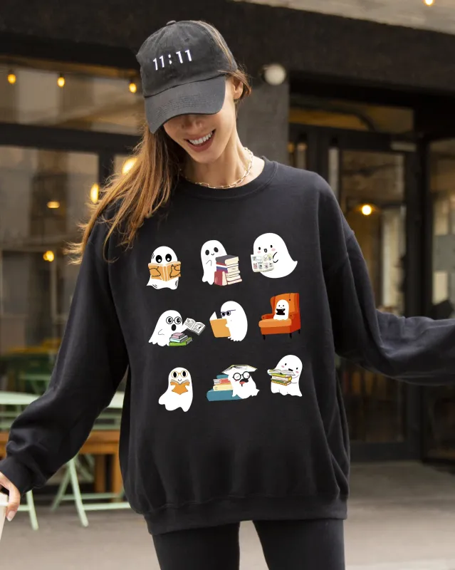 Book Lover Mini Ghosts, Skeleton, Coffin, Funny, Pumpkin, Spooky, Witch, Aesthetic, Meme, Halloween, Costume Sweatshirt sold by Refinery Number One