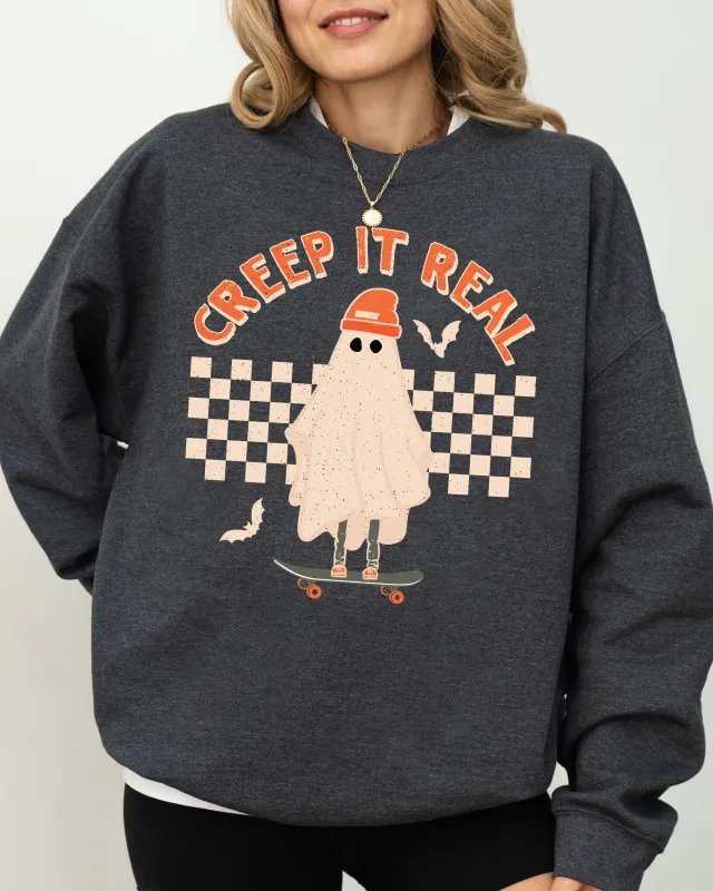 Creep It Real, Retro Ghost, Skeleton, Funny, Spooky, Witch, Aesthetic, Meme, Halloween, Costume Sweatshirt sold by Refinery Number One
