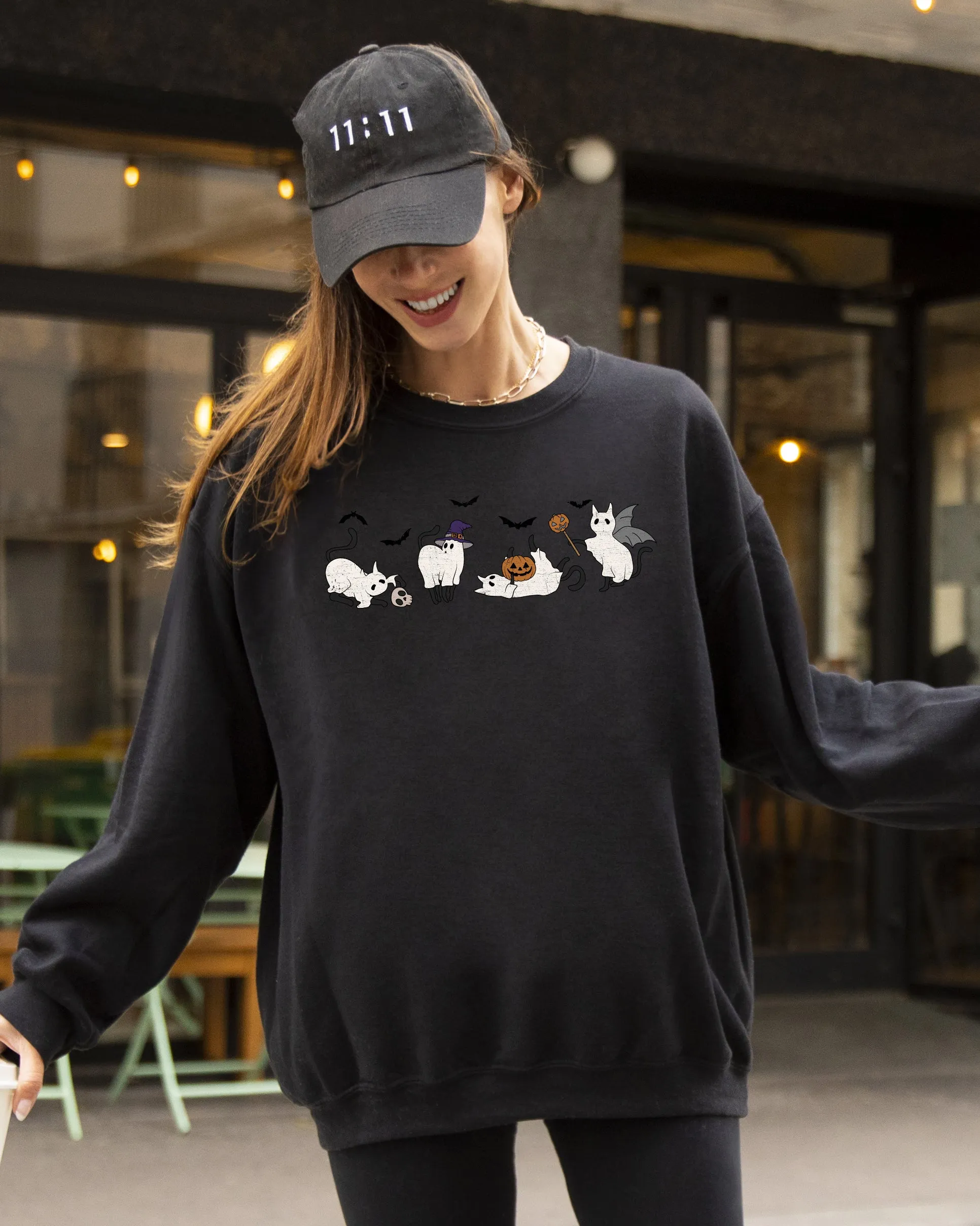 Mini Ghost Cats, Farm, Witch, Skull, Funny, Spooky, Aesthetic, Meme, Halloween, Costume Sweatshirt sold by Refinery Number One product image thumbnail 5