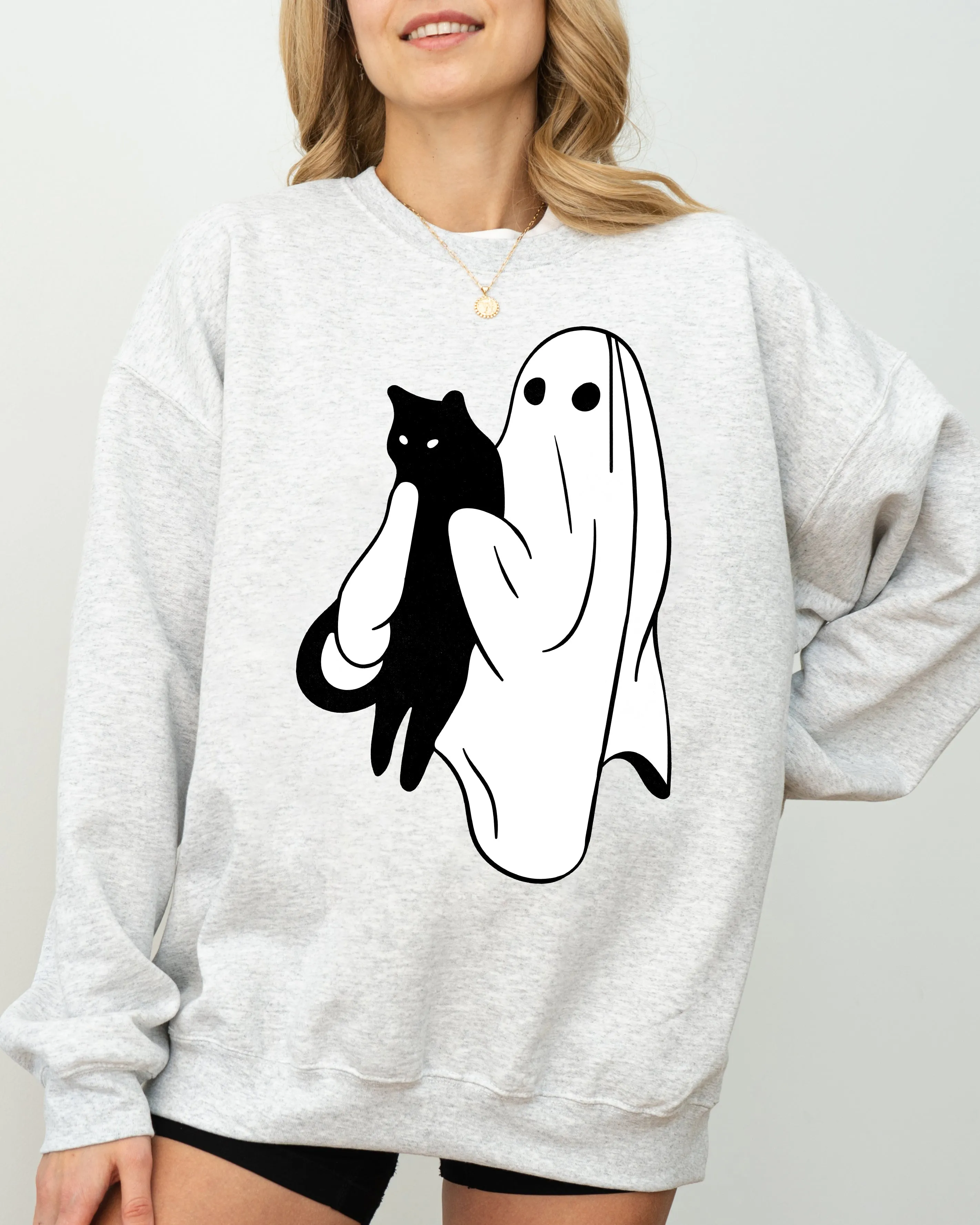 Ghost and Cat, Skeleton, Witch, Skull, Funny, Spooky, Aesthetic, Meme, Halloween, Costume Sweatshirt sold by Refinery Number One product image thumbnail 2