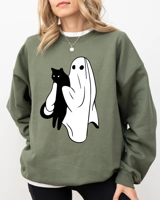 Ghost and Cat, Skeleton, Witch, Skull, Funny, Spooky, Aesthetic, Meme, Halloween, Costume Sweatshirt sold by Refinery Number One
