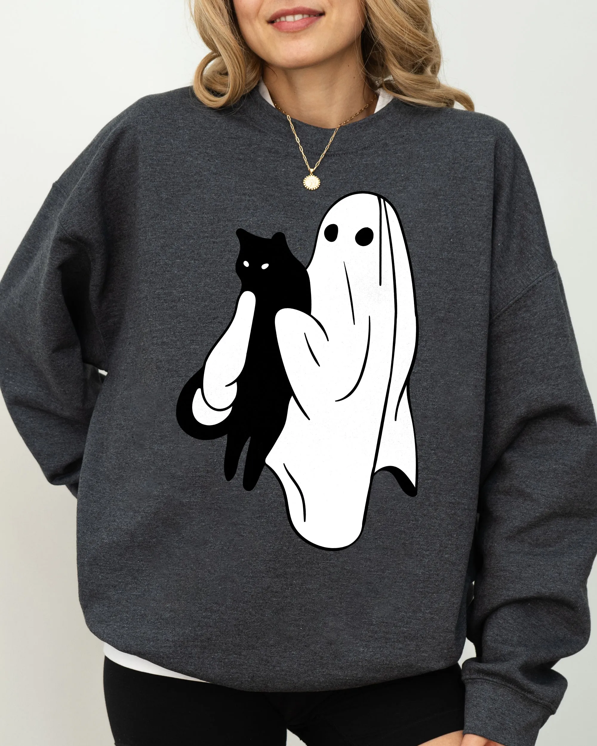 Ghost and Cat, Skeleton, Witch, Skull, Funny, Spooky, Aesthetic, Meme, Halloween, Costume Sweatshirt sold by Refinery Number One product image thumbnail 5