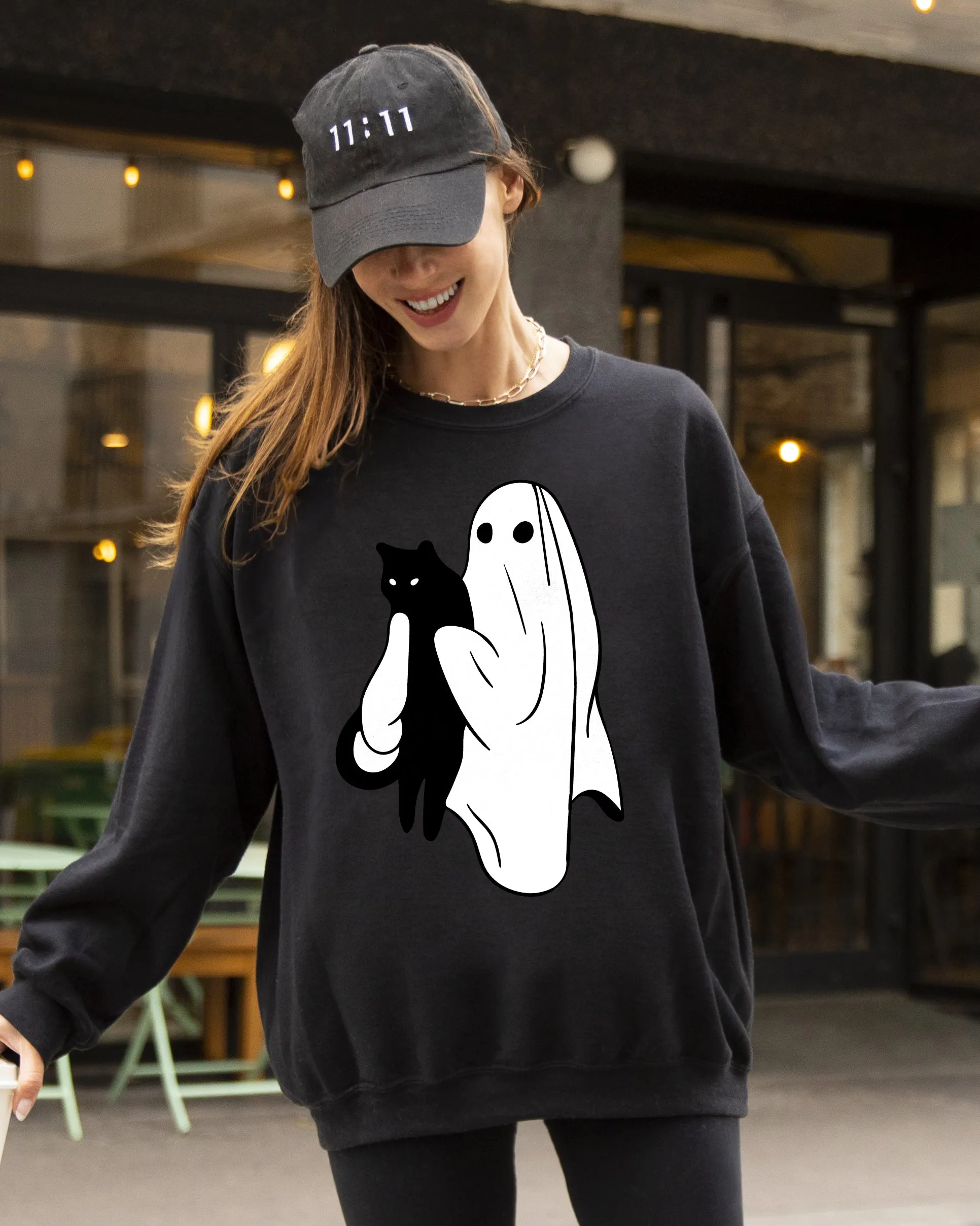 Ghost and Cat, Skeleton, Witch, Skull, Funny, Spooky, Aesthetic, Meme, Halloween, Costume Sweatshirt sold by Refinery Number One product image thumbnail 3