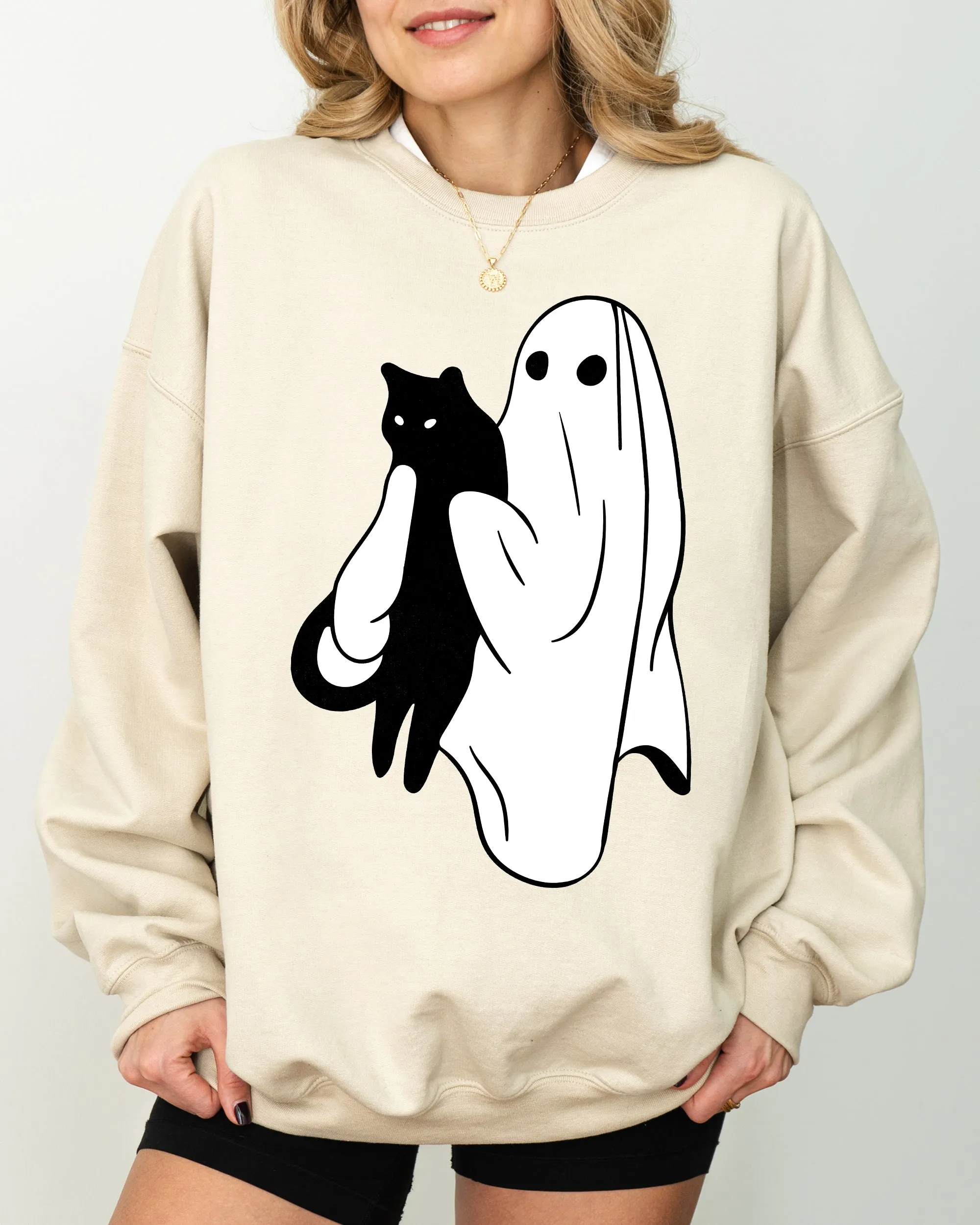 Ghost and Cat, Skeleton, Witch, Skull, Funny, Spooky, Aesthetic, Meme, Halloween, Costume Sweatshirt sold by Refinery Number One product image thumbnail 4