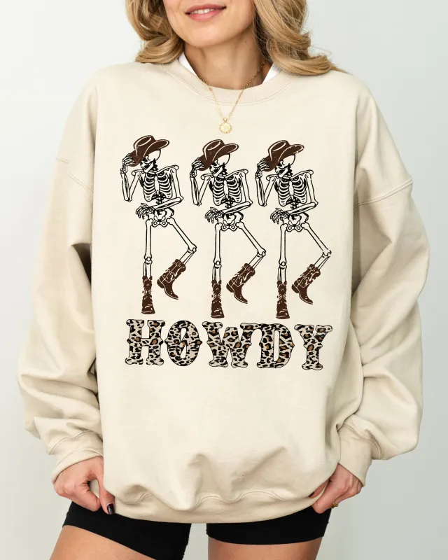 Howdy, Cowboy, Western, Ghost, Skeleton, Witch, Skull, Funny, Spooky, Aesthetic, Meme, Halloween, Costume Sweatshirt sold by Refinery Number One