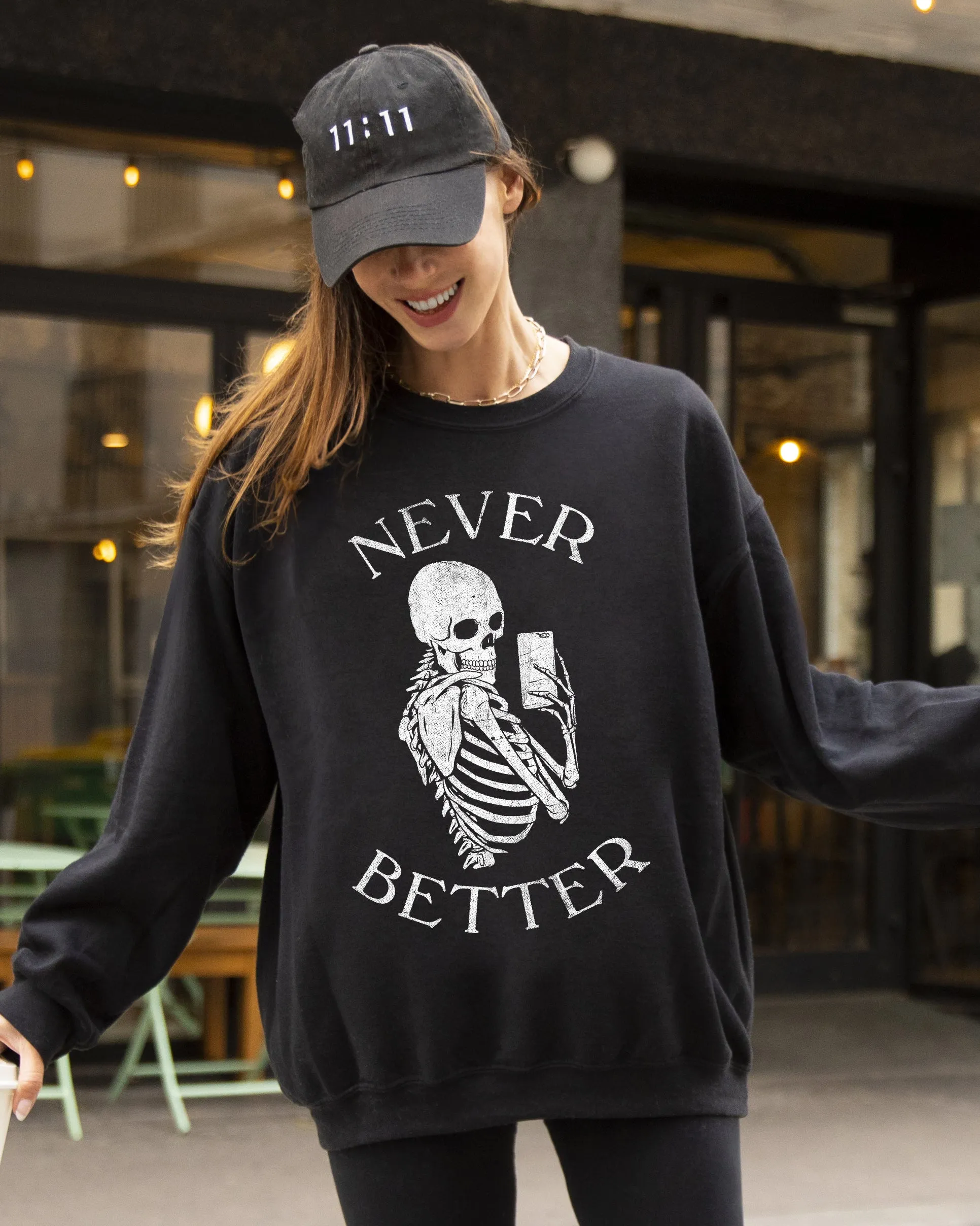 Never Better, Selfie, Skeleton, Ghost, Witch, Skull, Funny, Spooky, Aesthetic, Meme, Halloween, Costume Sweatshirt sold by Refinery Number One product image thumbnail 5