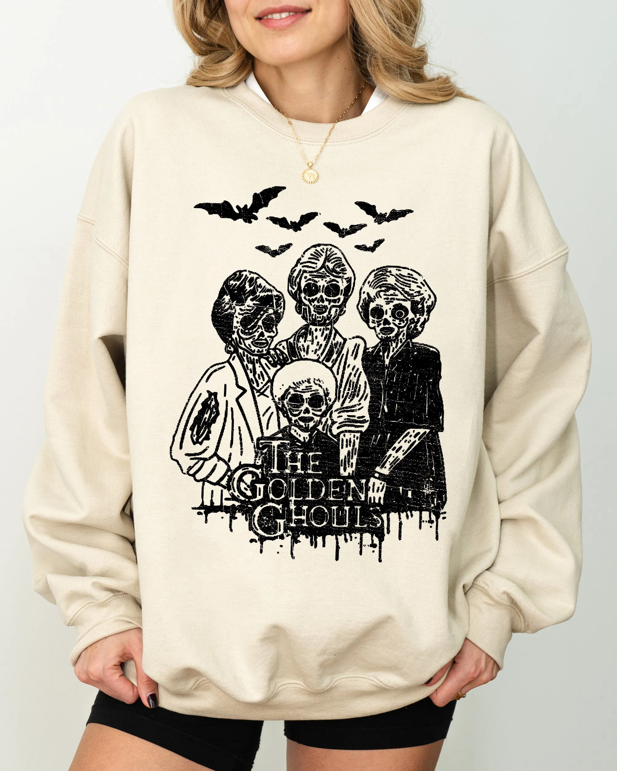 The Golden Ghouls, Horror Movie, Skeleton, Ghost, Witch, Skull, Funny, Spooky, Aesthetic, Meme, Halloween, Costume Sweatshirt sold by Refinery Number One product image thumbnail 3