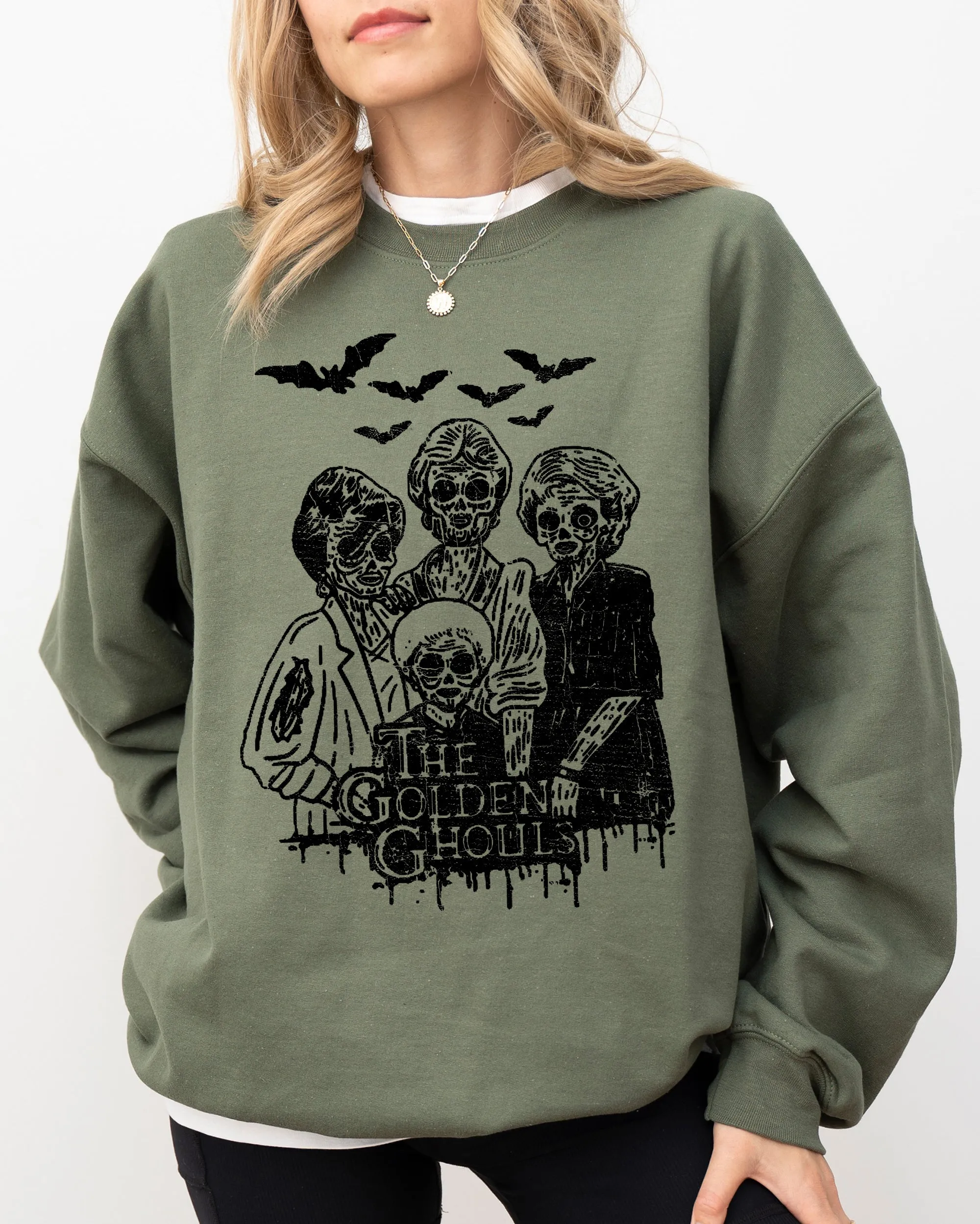 The Golden Ghouls, Horror Movie, Skeleton, Ghost, Witch, Skull, Funny, Spooky, Aesthetic, Meme, Halloween, Costume Sweatshirt sold by Refinery Number One product image thumbnail 2