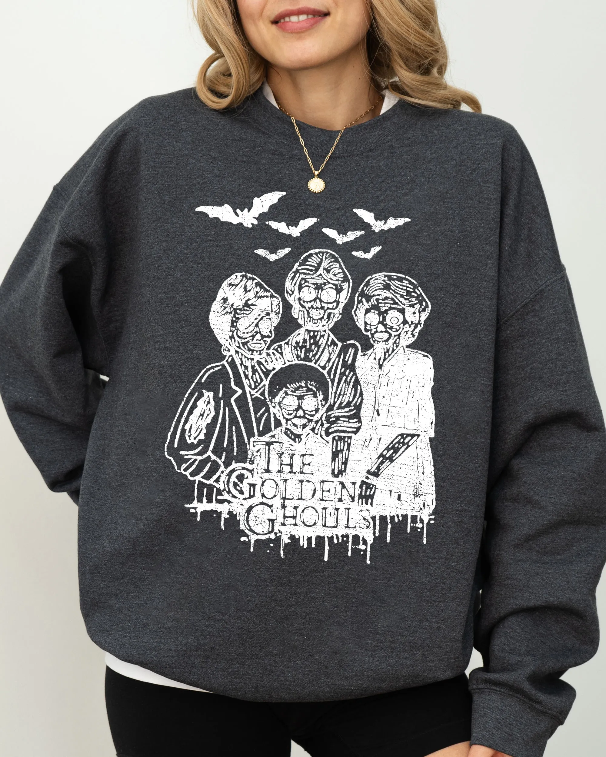 The Golden Ghouls, Horror Movie, Skeleton, Ghost, Witch, Skull, Funny, Spooky, Aesthetic, Meme, Halloween, Costume Sweatshirt sold by Refinery Number One product image thumbnail 5