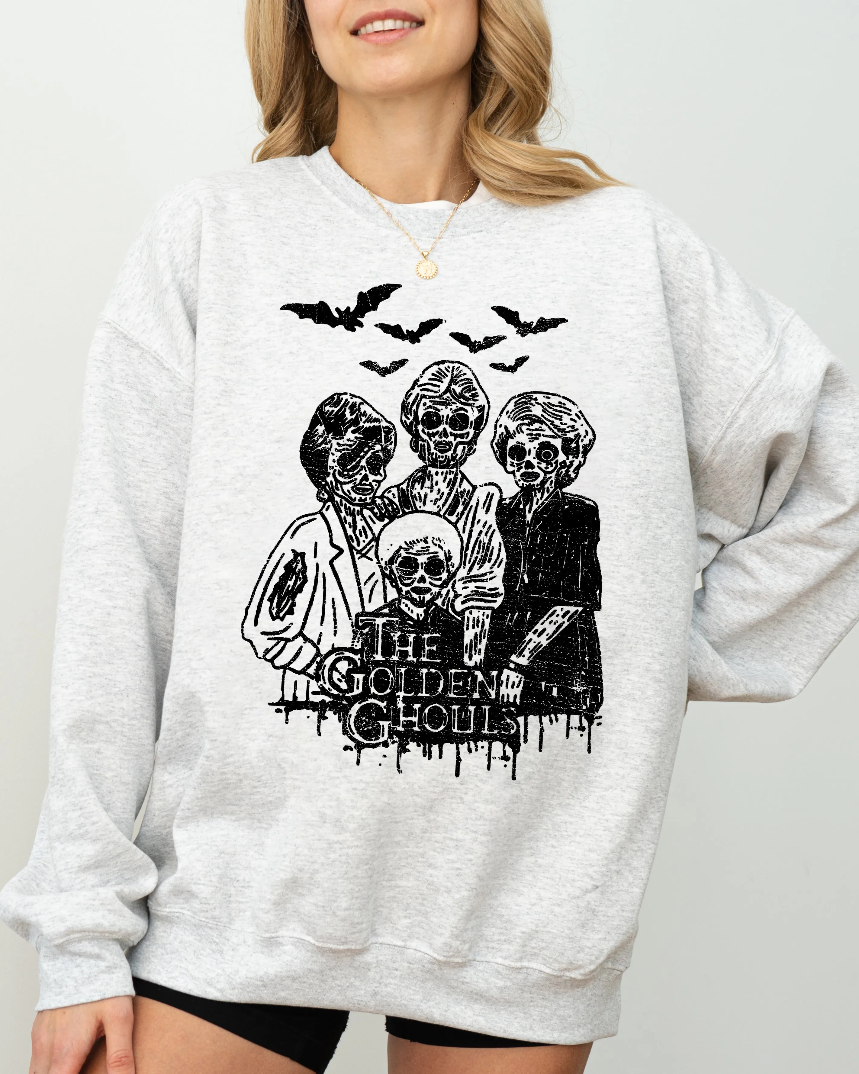 The Golden Ghouls, Horror Movie, Skeleton, Ghost, Witch, Skull, Funny, Spooky, Aesthetic, Meme, Halloween, Costume Sweatshirt sold by Refinery Number One