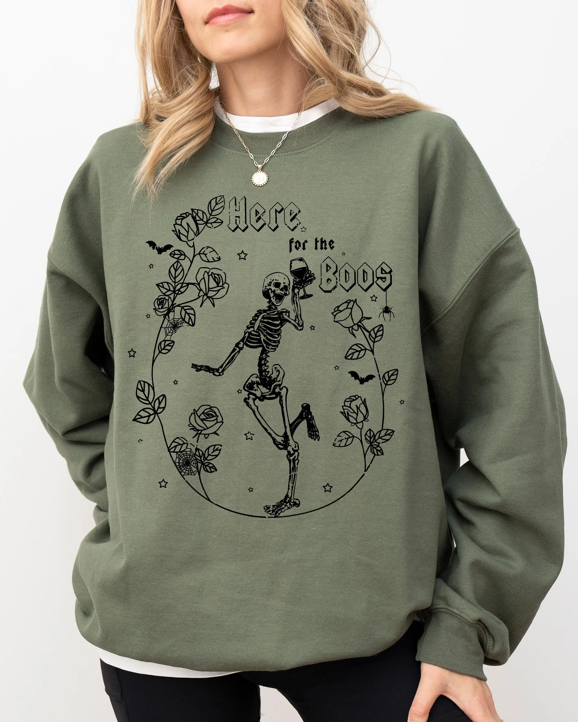 Here For The Boos, Skeleton, Ghost, Witch, Skull, Spooky, Aesthetic, Meme, Halloween, Costume Sweatshirt sold by Refinery Number One product image thumbnail 3