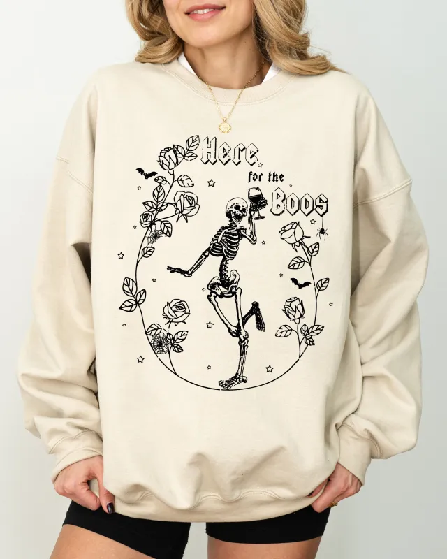 Here For The Boos, Skeleton, Ghost, Witch, Skull, Spooky, Aesthetic, Meme, Halloween, Costume Sweatshirt sold by Refinery Number One