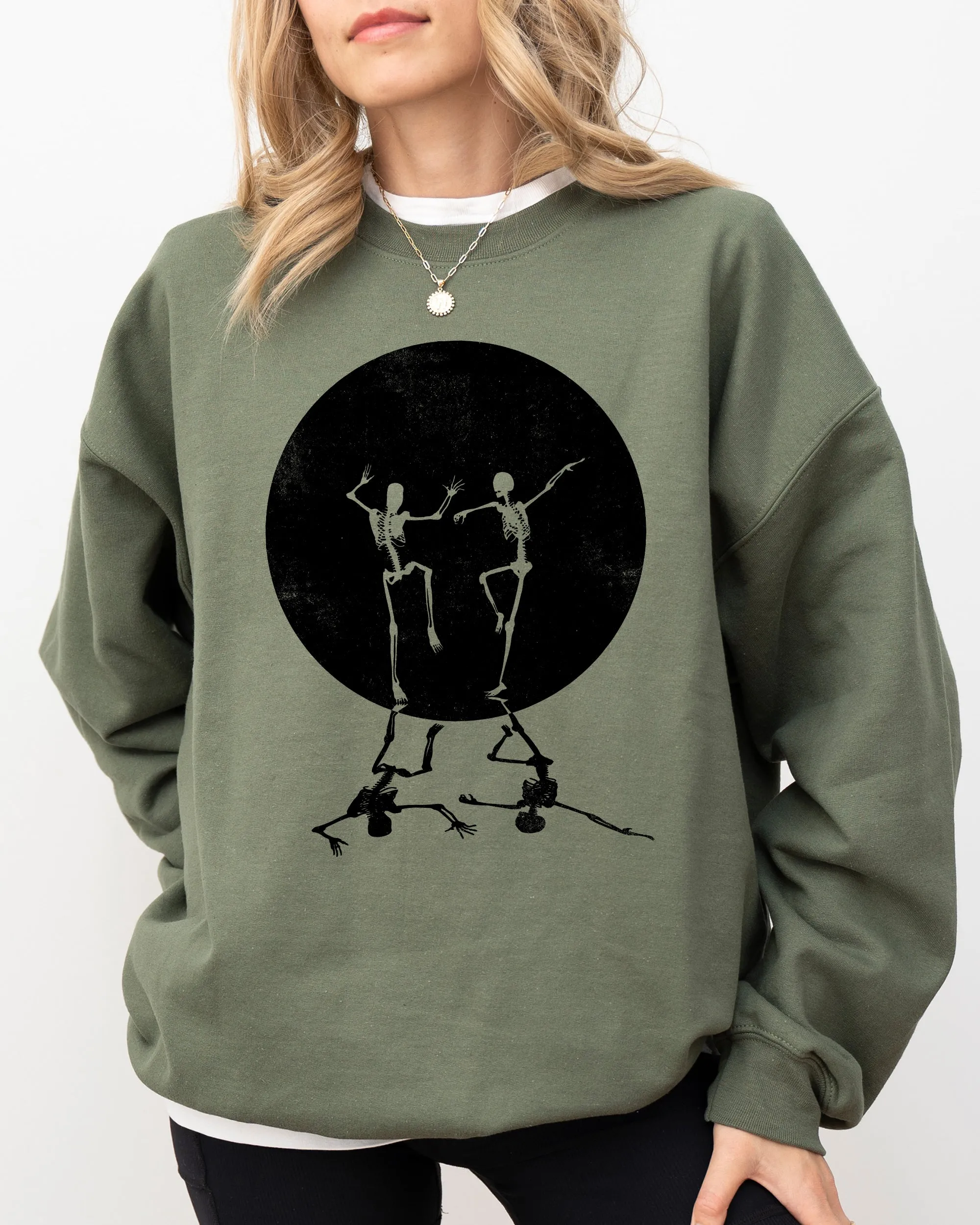 Dancing Skeletons, Moon, Ghost, Witch, Skull, Spooky, Aesthetic, Meme, Halloween, Costume Sweatshirt sold by Refinery Number One product image thumbnail 3