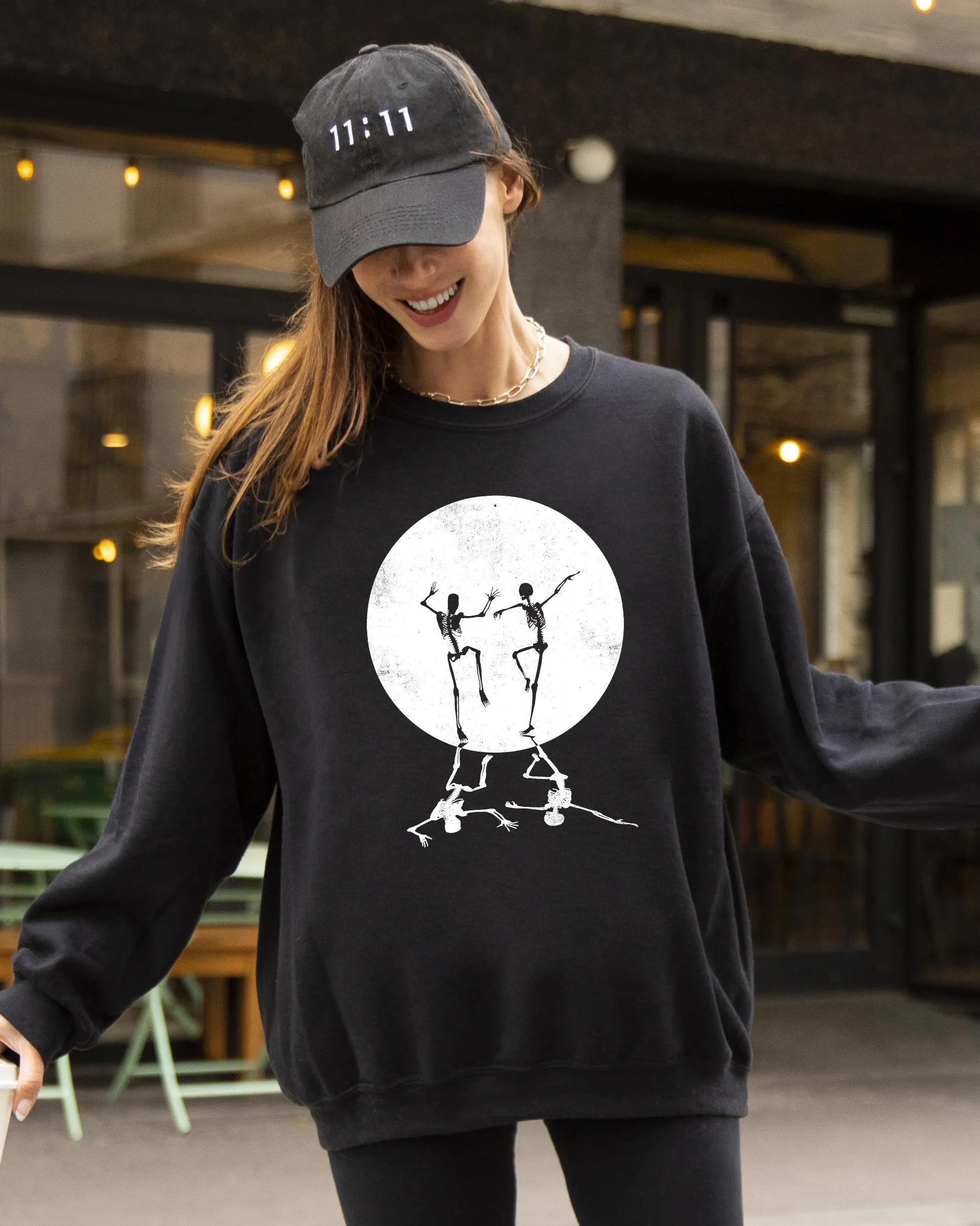 Dancing Skeletons, Moon, Ghost, Witch, Skull, Spooky, Aesthetic, Meme, Halloween, Costume Sweatshirt sold by Refinery Number One