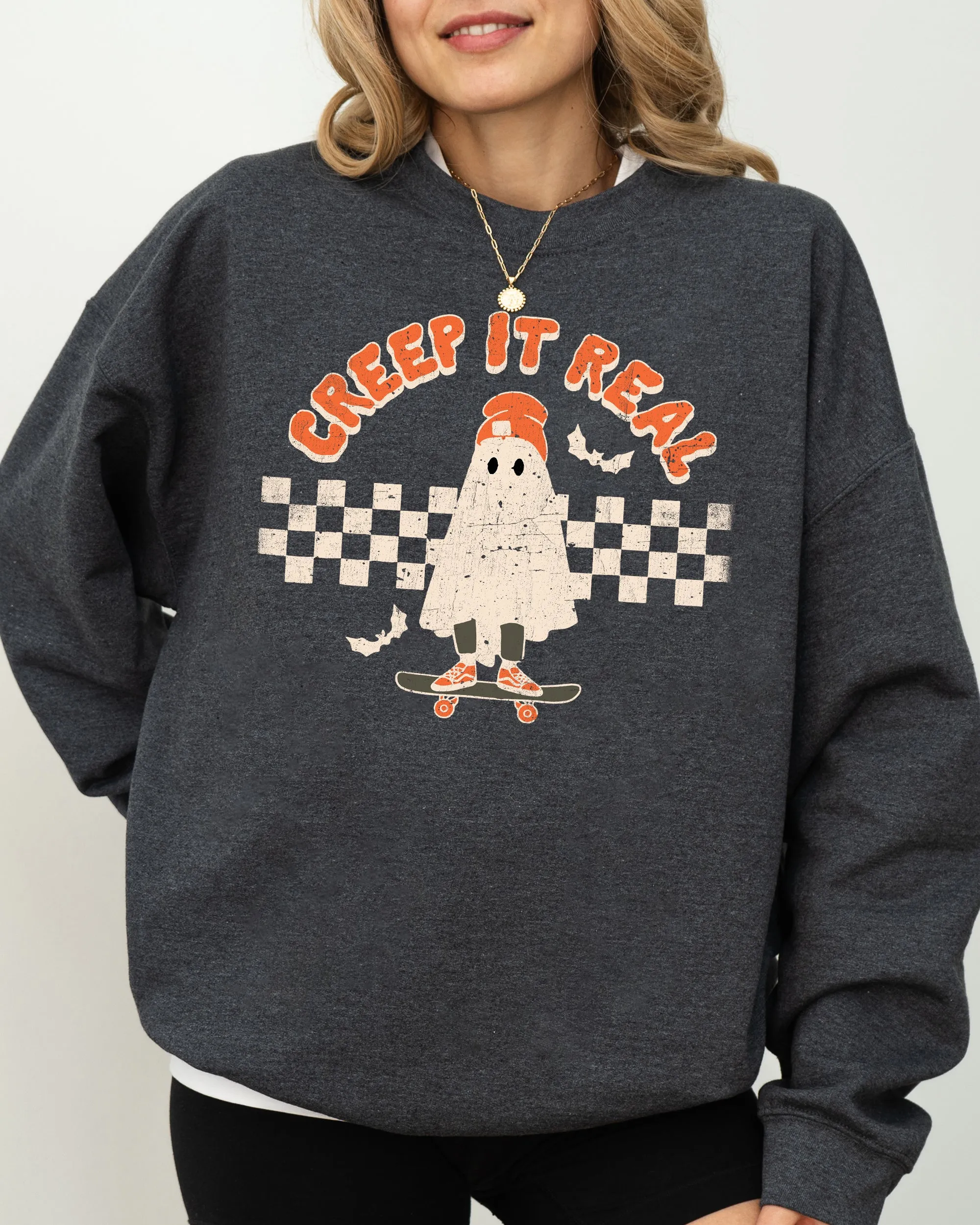 Creep It Real, Ghost, Retro, Spooky, Skeleton, Ghost, Witch, Skull, Aesthetic, Meme, Halloween, Costume Sweatshirt sold by Refinery Number One product image thumbnail 2