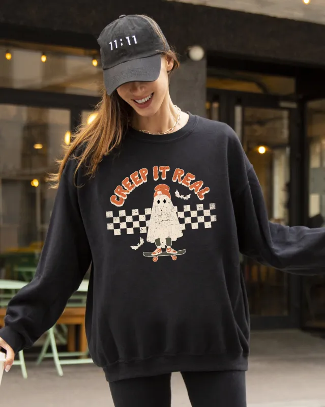 Creep It Real, Ghost, Retro, Spooky, Skeleton, Ghost, Witch, Skull, Aesthetic, Meme, Halloween, Costume Sweatshirt sold by Refinery Number One
