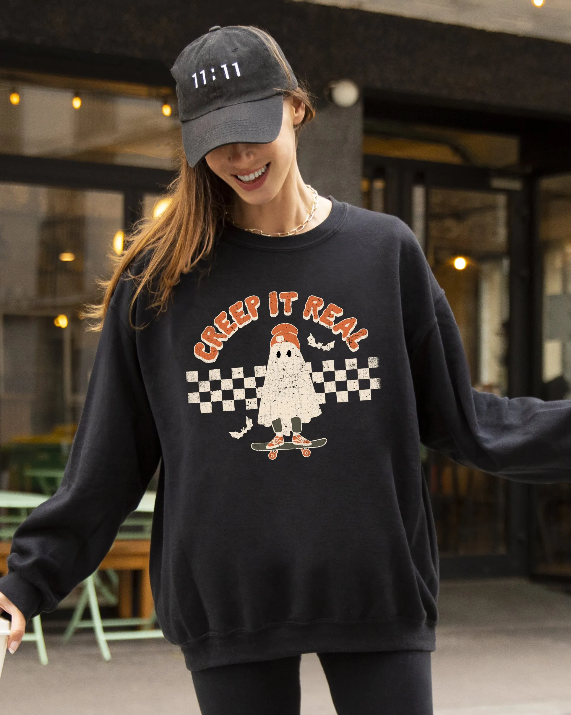 Creep It Real, Ghost, Retro, Spooky, Skeleton, Ghost, Witch, Skull, Aesthetic, Meme, Halloween, Costume Sweatshirt sold by Refinery Number One