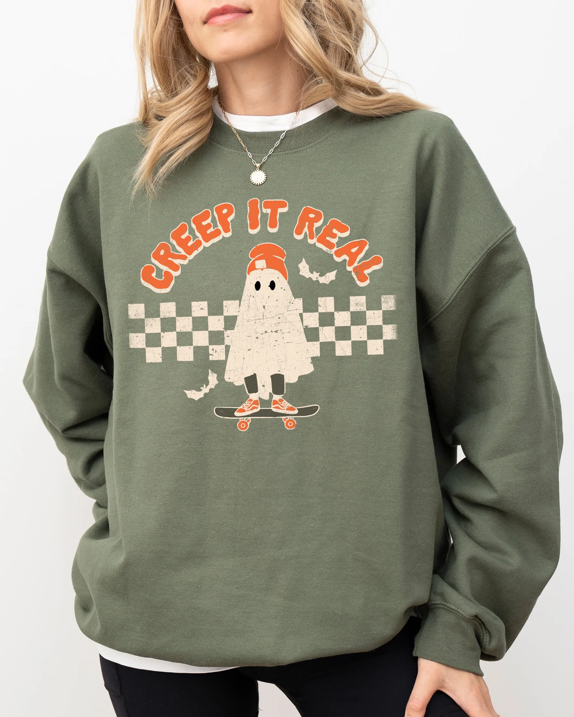 Creep It Real, Ghost, Retro, Spooky, Skeleton, Ghost, Witch, Skull, Aesthetic, Meme, Halloween, Costume Sweatshirt sold by Refinery Number One product image thumbnail 3
