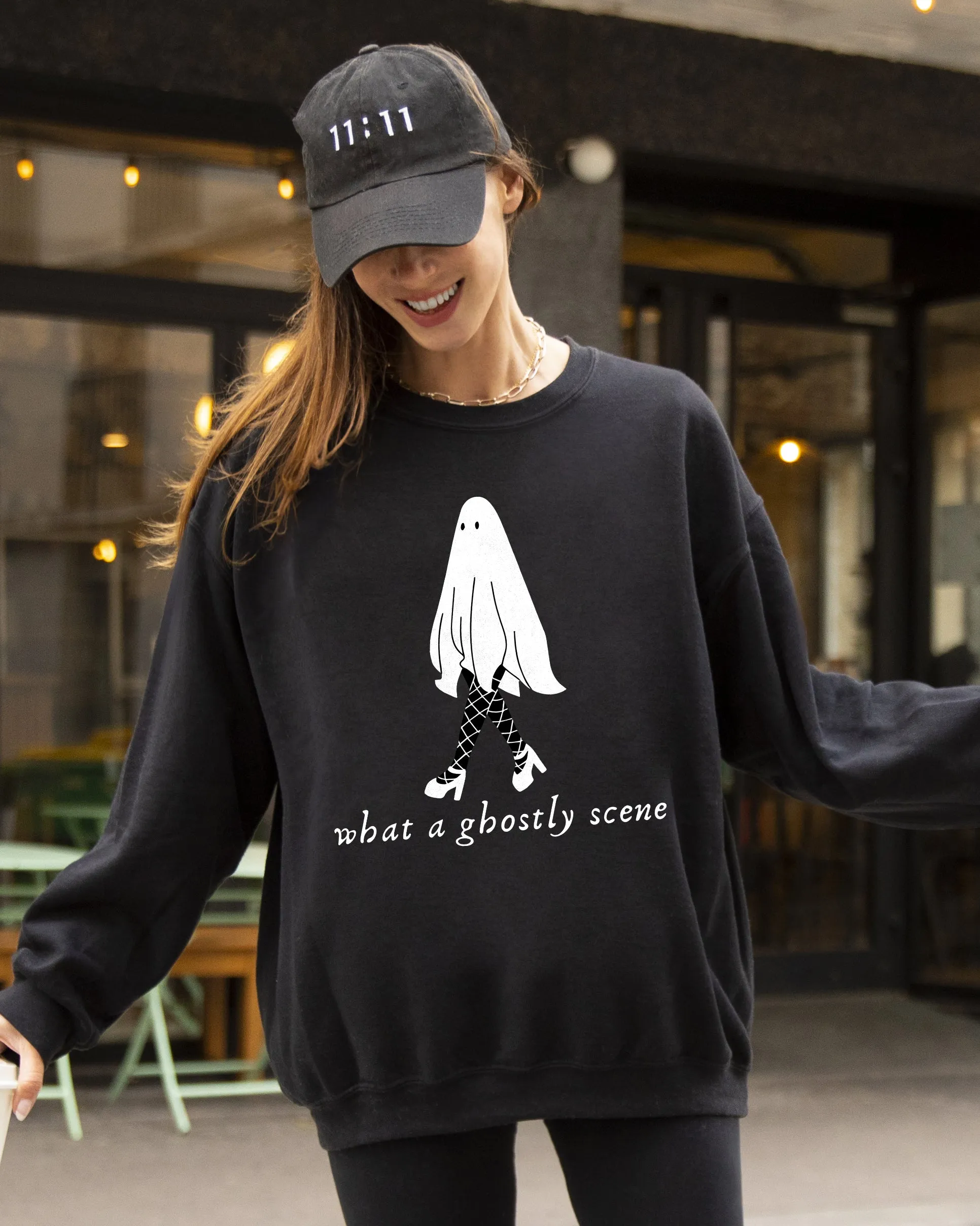 What A Ghostly Scene, Spooky, Skeleton, Ghost, Witch, Skull, Aesthetic, Meme, Halloween, Costume Sweatshirt sold by Refinery Number One product image thumbnail 2