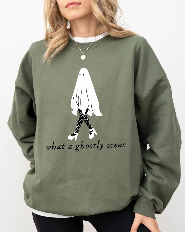 What A Ghostly Scene, Spooky, Skeleton, Ghost, Witch, Skull, Aesthetic, Meme, Halloween, Costume Sweatshirt sold by Refinery Number One