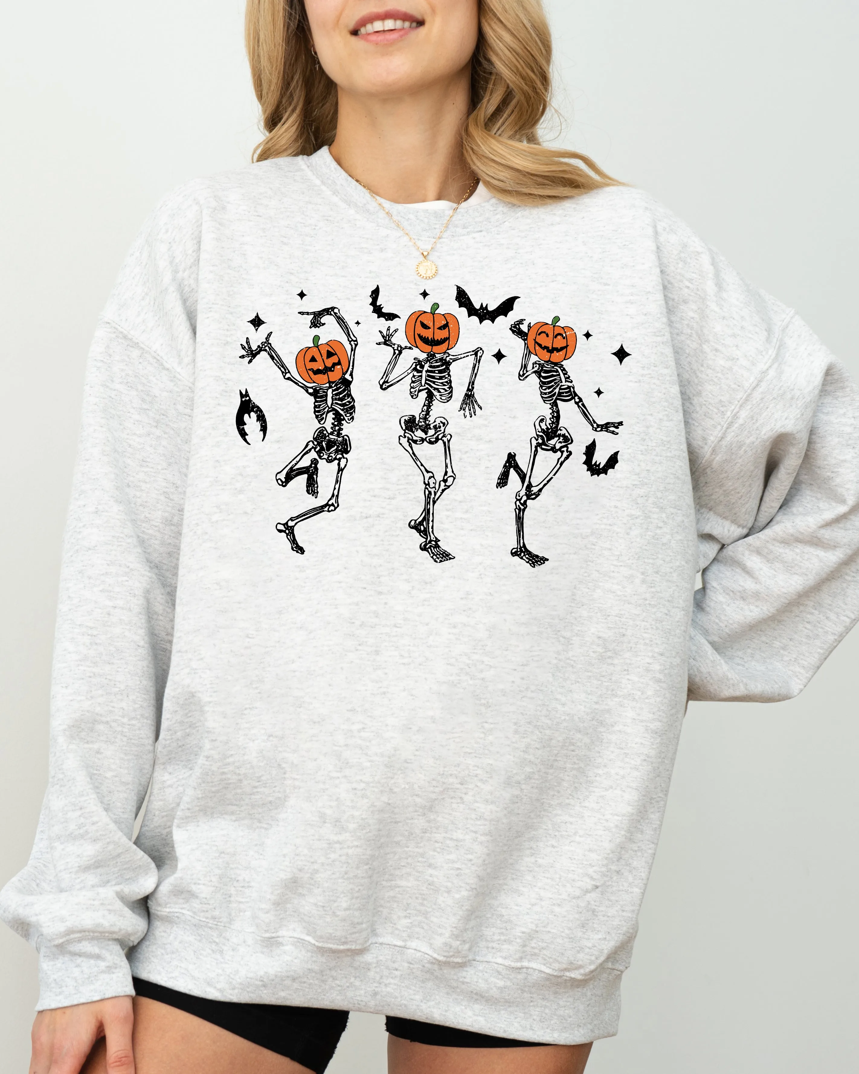 Pumpkin Head Dancing Skeletons, Spooky, Ghost, Witch, Skull, Aesthetic, Meme, Halloween, Costume Sweatshirt sold by Refinery Number One