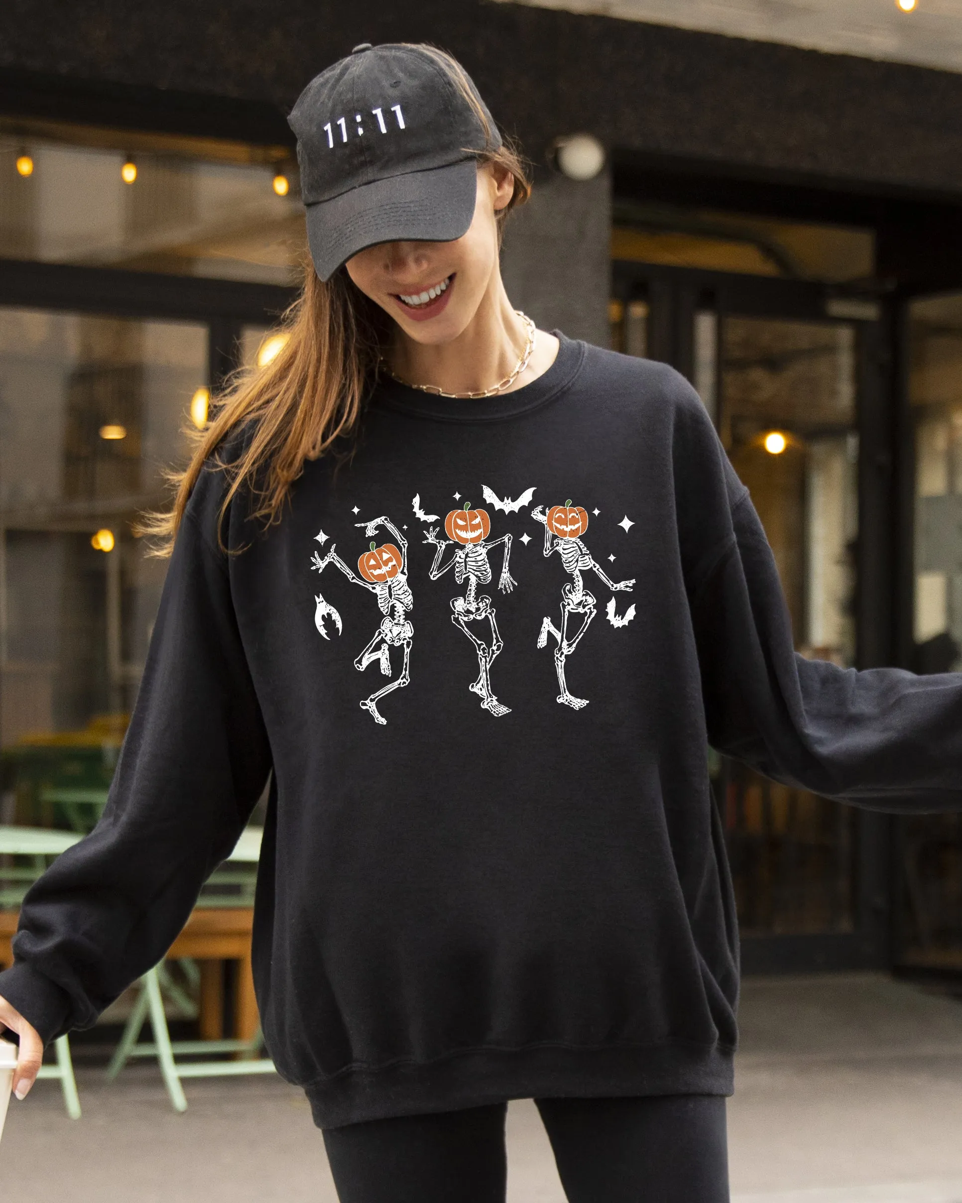 Pumpkin Head Dancing Skeletons, Spooky, Ghost, Witch, Skull, Aesthetic, Meme, Halloween, Costume Sweatshirt sold by Refinery Number One product image thumbnail 3