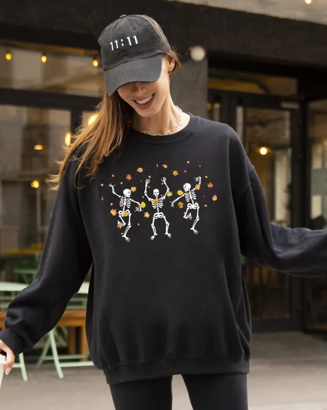 Fall Leaves Dancing, Skeletons, Ghost, Witch, Skull, Aesthetic, Meme, Halloween, Costume Sweatshirt sold by Refinery Number One