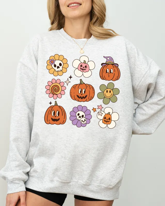 Retro Pumpkins, Fall, Skeleton, Witch, Skull, Spooky, Aesthetic, Meme, Halloween, Costume Sweatshirt sold by Refinery Number One