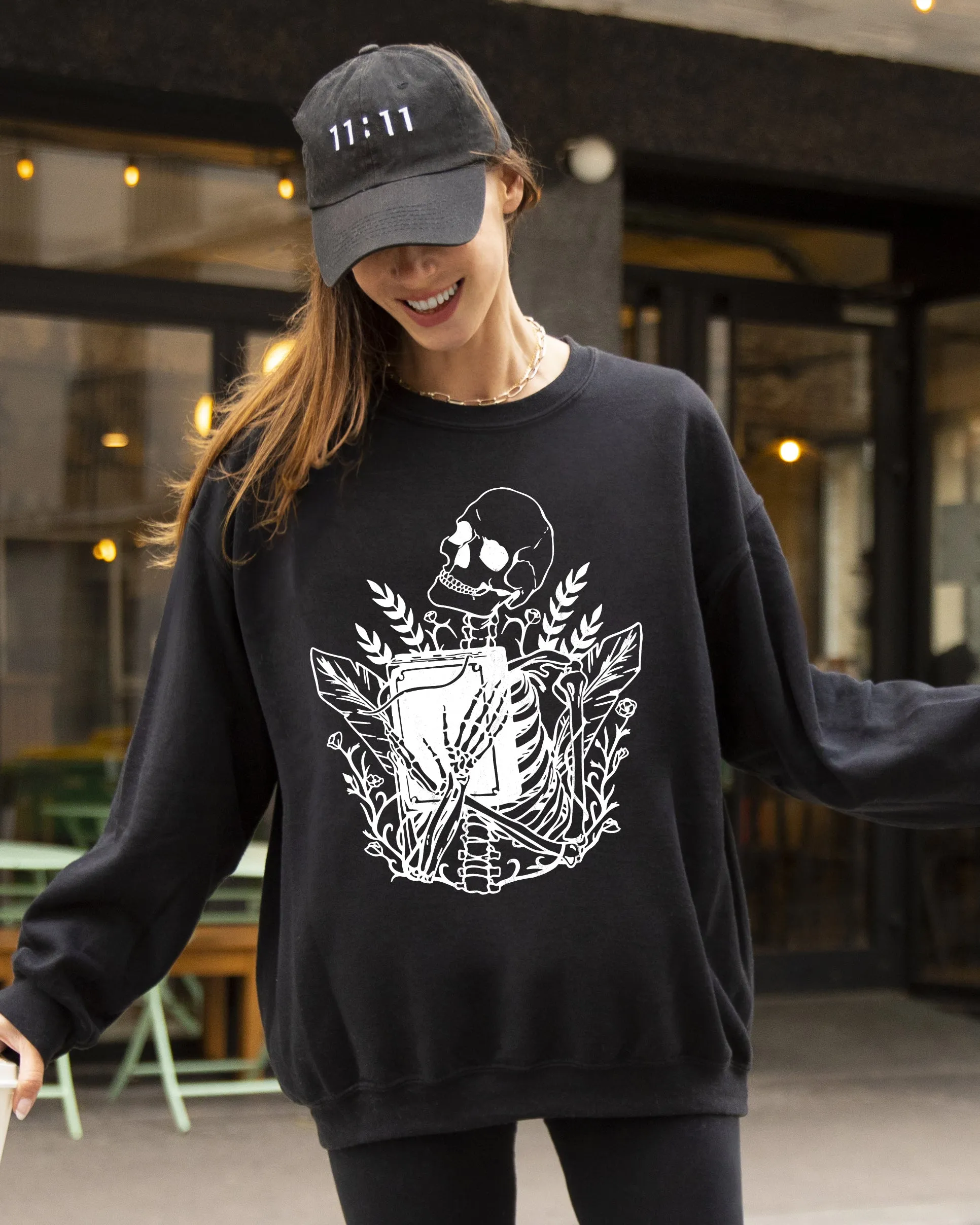 Reading Skeleton, Witch, Ghost, Skull, Spooky, Aesthetic, Meme, Halloween, Costume Sweatshirt sold by Refinery Number One product image thumbnail 4