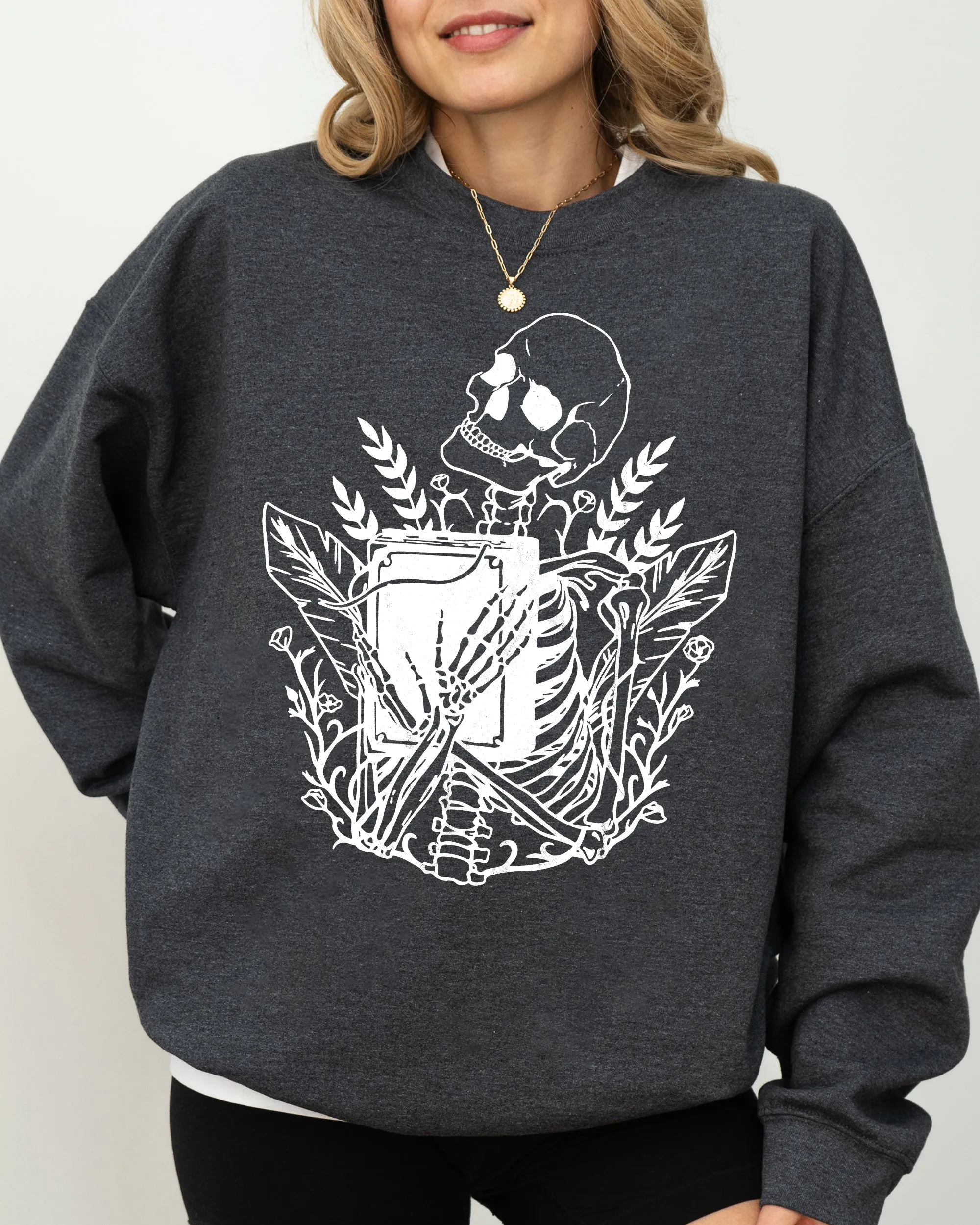 Reading Skeleton, Witch, Ghost, Skull, Spooky, Aesthetic, Meme, Halloween, Costume Sweatshirt sold by Refinery Number One product image thumbnail 5