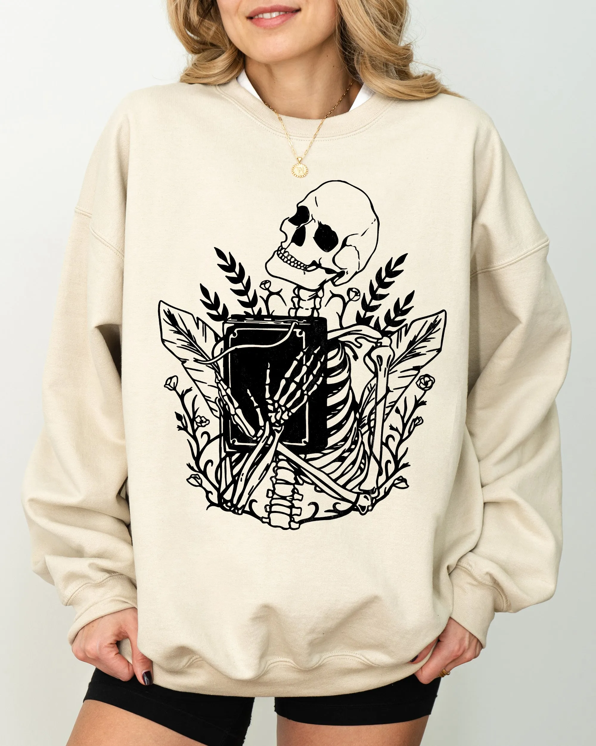 Reading Skeleton, Witch, Ghost, Skull, Spooky, Aesthetic, Meme, Halloween, Costume Sweatshirt sold by Refinery Number One product image thumbnail 3