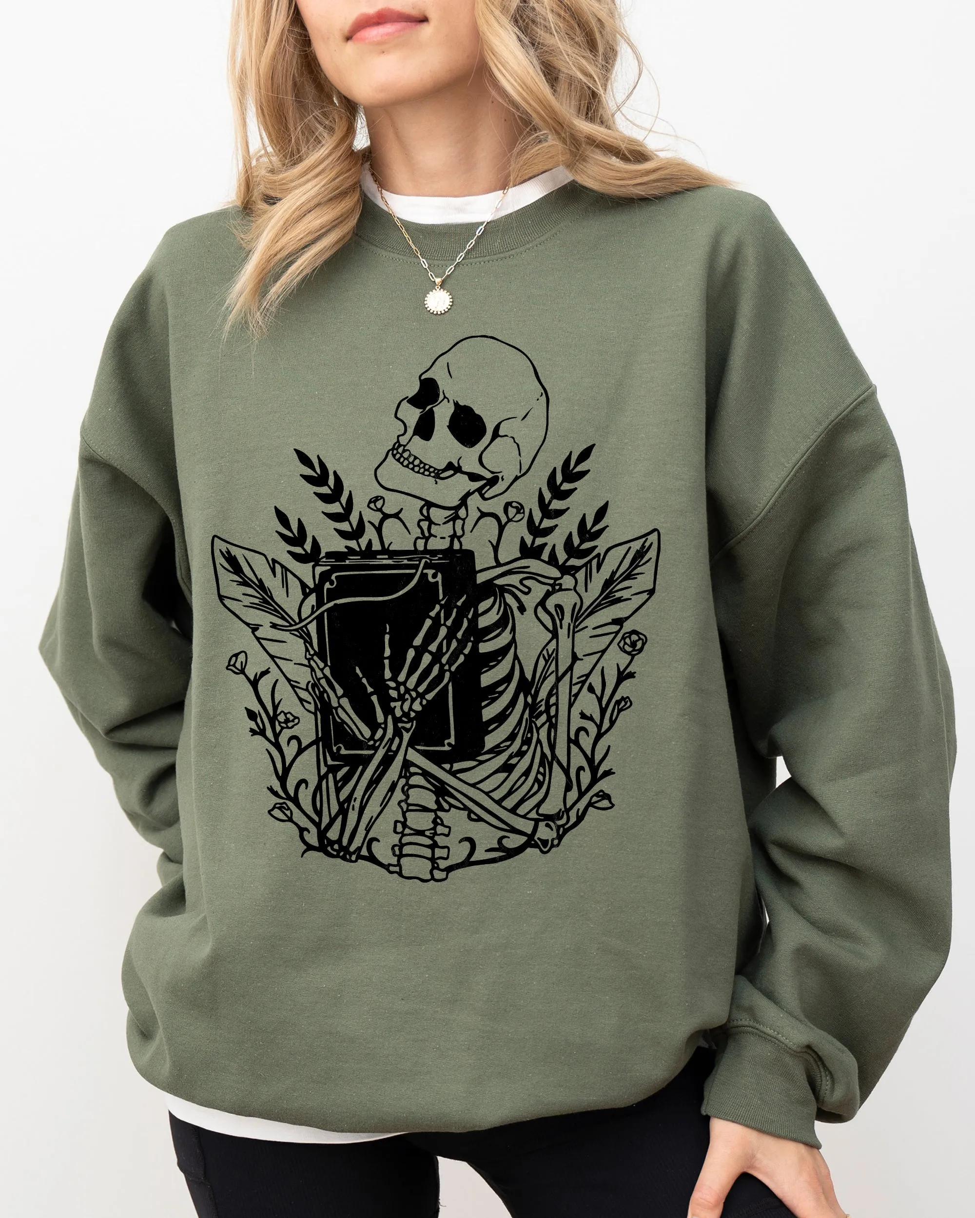 Reading Skeleton, Witch, Ghost, Skull, Spooky, Aesthetic, Meme, Halloween, Costume Sweatshirt sold by Refinery Number One product image thumbnail 2