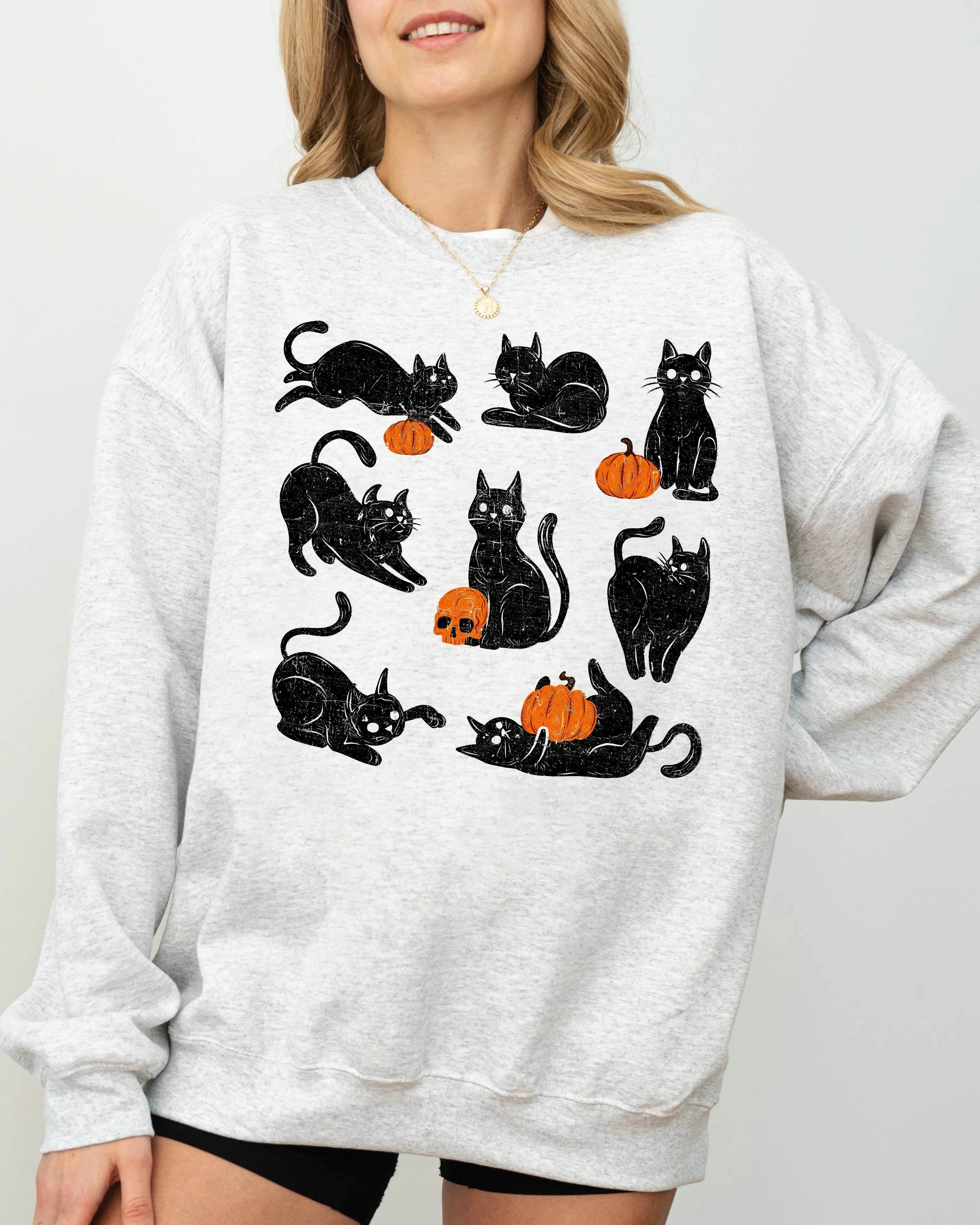 Mini Cats and Pumpkins, Skeleton, Witch, Ghost, Skull, Spooky, Aesthetic, Meme, Halloween, Costume Sweatshirt sold by Refinery Number One