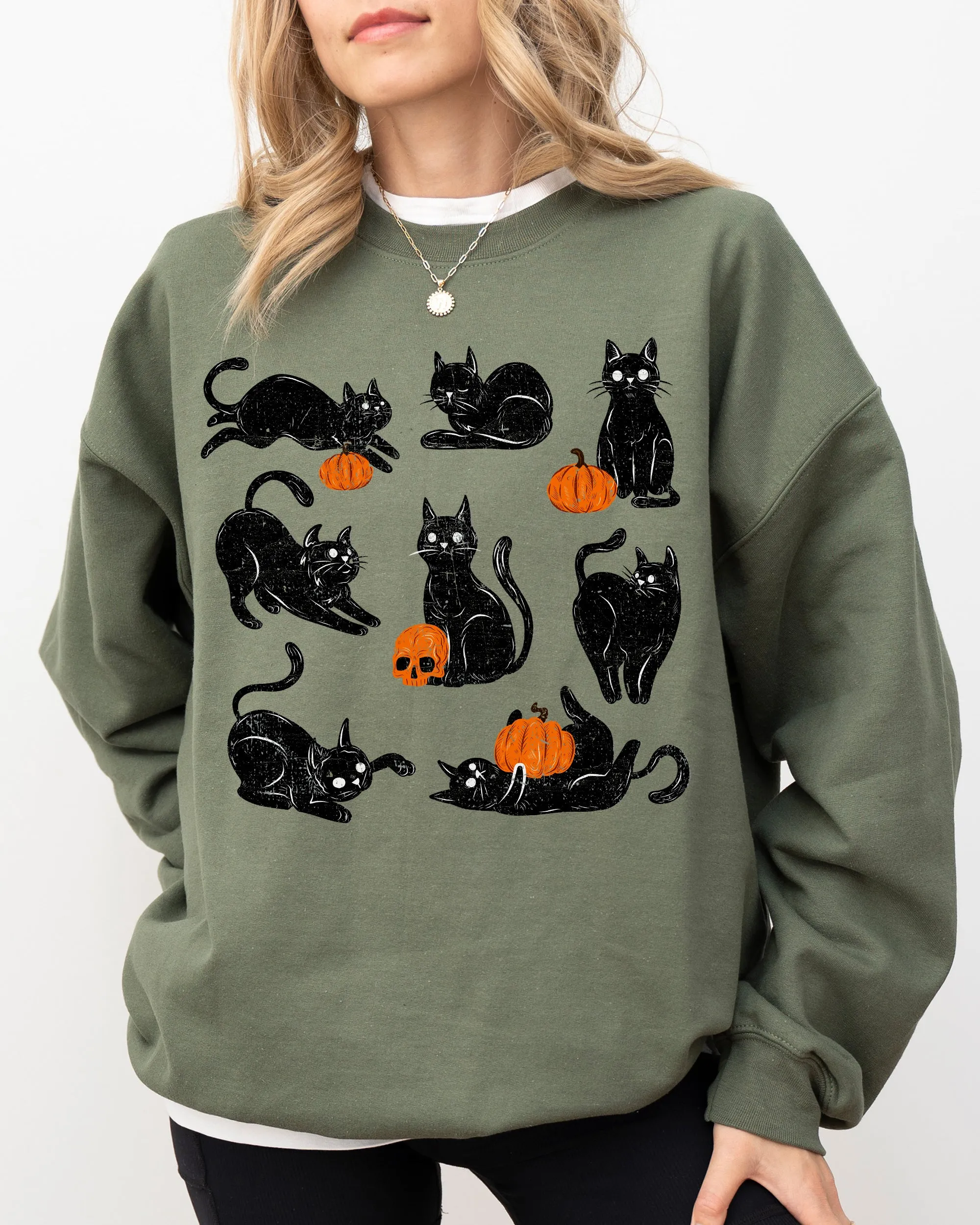 Mini Cats and Pumpkins, Skeleton, Witch, Ghost, Skull, Spooky, Aesthetic, Meme, Halloween, Costume Sweatshirt sold by Refinery Number One product image thumbnail 3