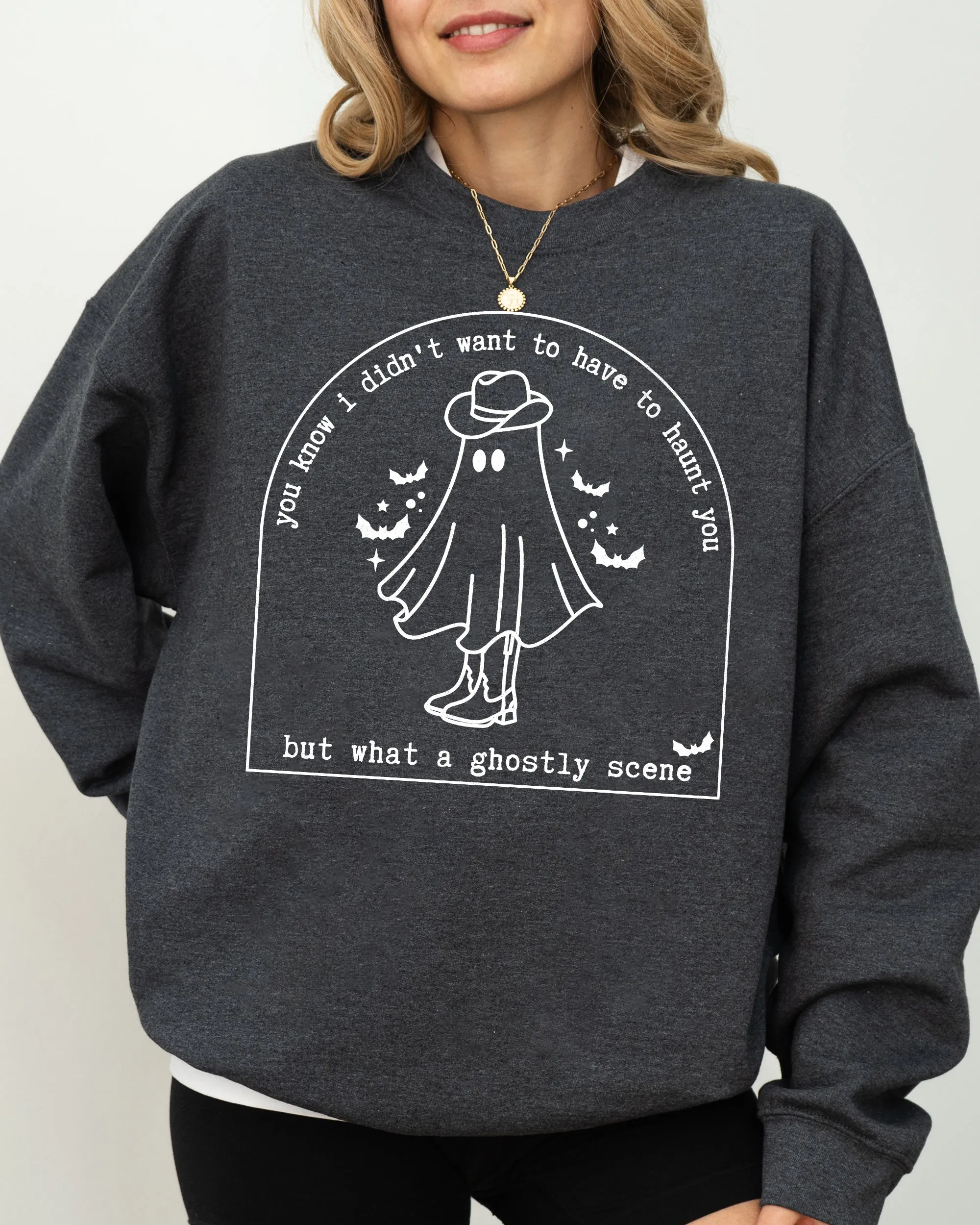 Ghostly Scene, Cute Ghost, Skeleton, Witch, Skull, Spooky, Aesthetic, Meme, Halloween, Costume Sweatshirt sold by Refinery Number One product image thumbnail 5