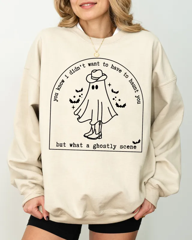 Ghostly Scene, Cute Ghost, Skeleton, Witch, Skull, Spooky, Aesthetic, Meme, Halloween, Costume Sweatshirt sold by Refinery Number One