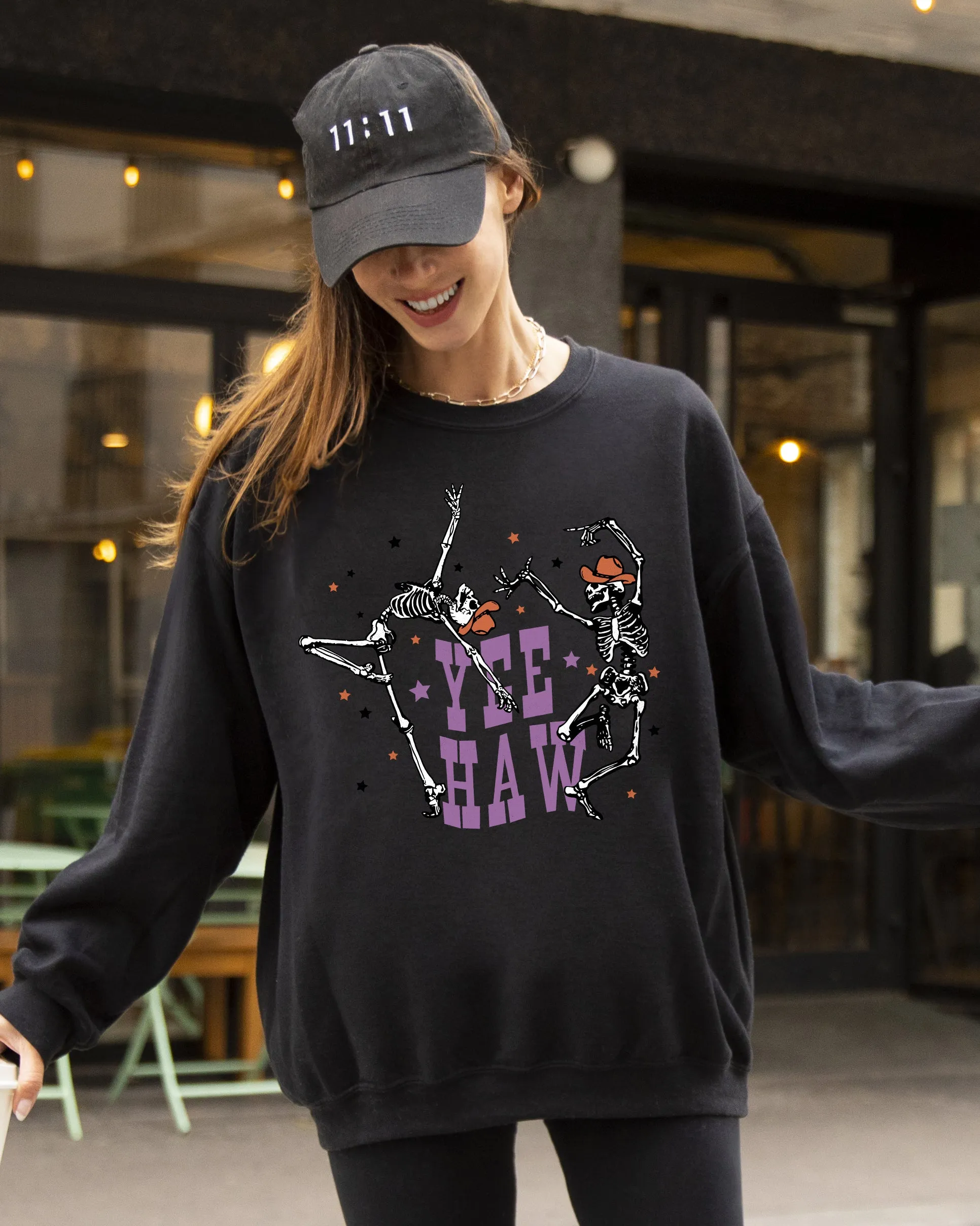 Yee Haw, Dancing Skeletons, Western, Witch, Skull, Aesthetic, Meme, Halloween, Costume Sweatshirt sold by Refinery Number One product image thumbnail 3