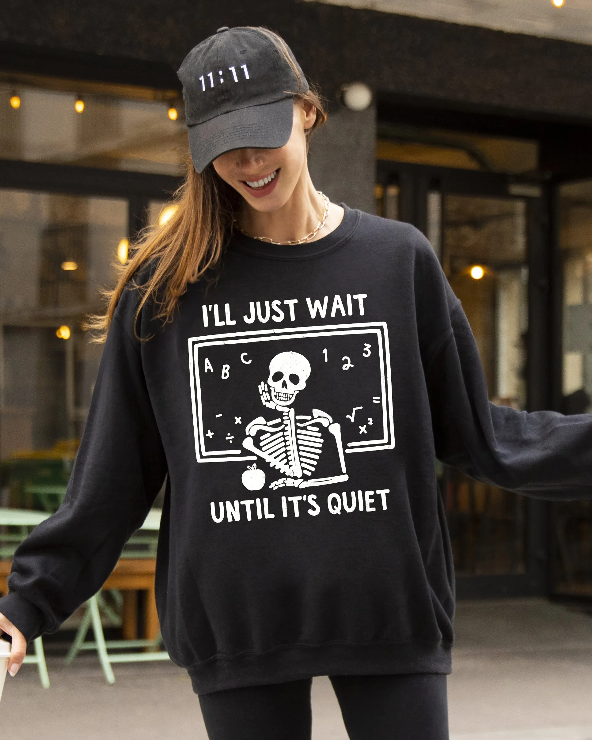 I'll Just Wait, Teacher, Skeletons, Ghost, Western, Witch, Skull, Aesthetic, Meme, Halloween, Costume Sweatshirt sold by Refinery Number One product image thumbnail 3