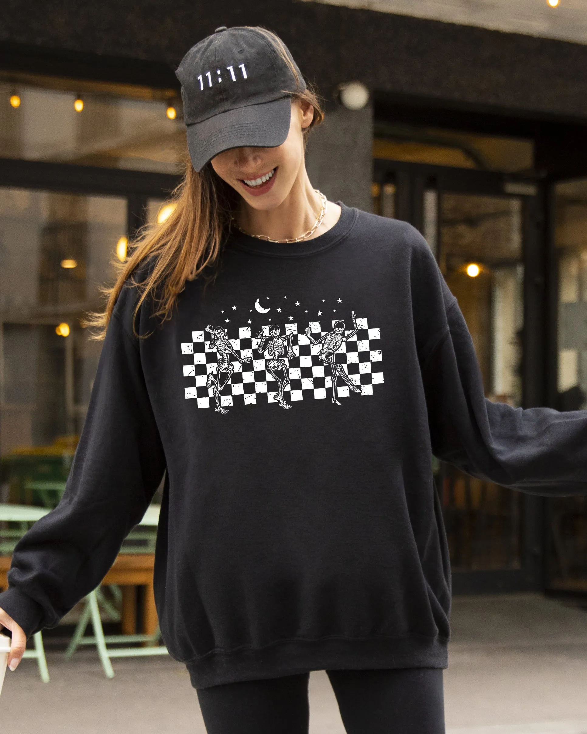 Dancing Skeletons, Checkered, Ghost, Western, Witch, Skull, Aesthetic, Meme, Halloween, Costume Sweatshirt sold by Refinery Number One product image thumbnail 4