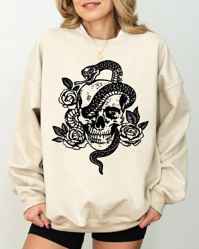 Skull, Roses, Snake, Skeleton, Ghost, Western, Witch, Aesthetic, Meme, Halloween, Costume Sweatshirt sold by Refinery Number One