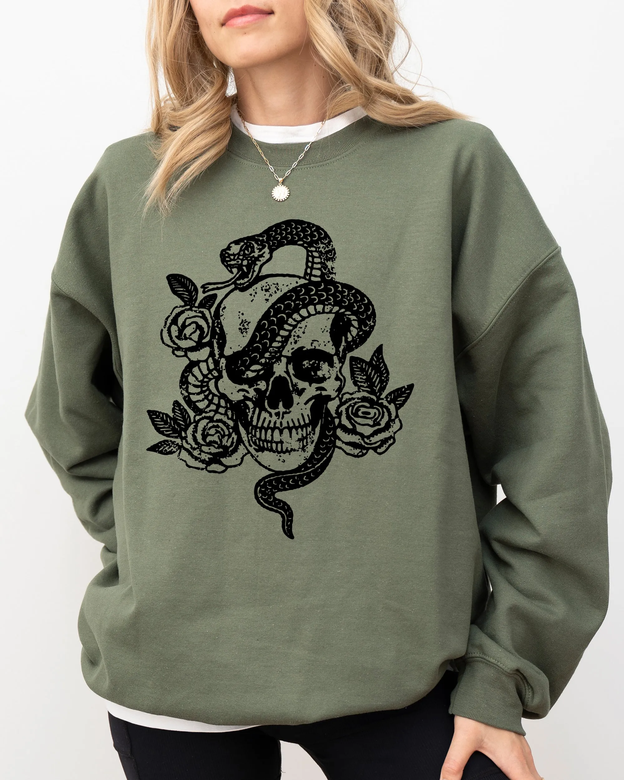 Skull, Roses, Snake, Skeleton, Ghost, Western, Witch, Aesthetic, Meme, Halloween, Costume Sweatshirt sold by Refinery Number One product image thumbnail 3