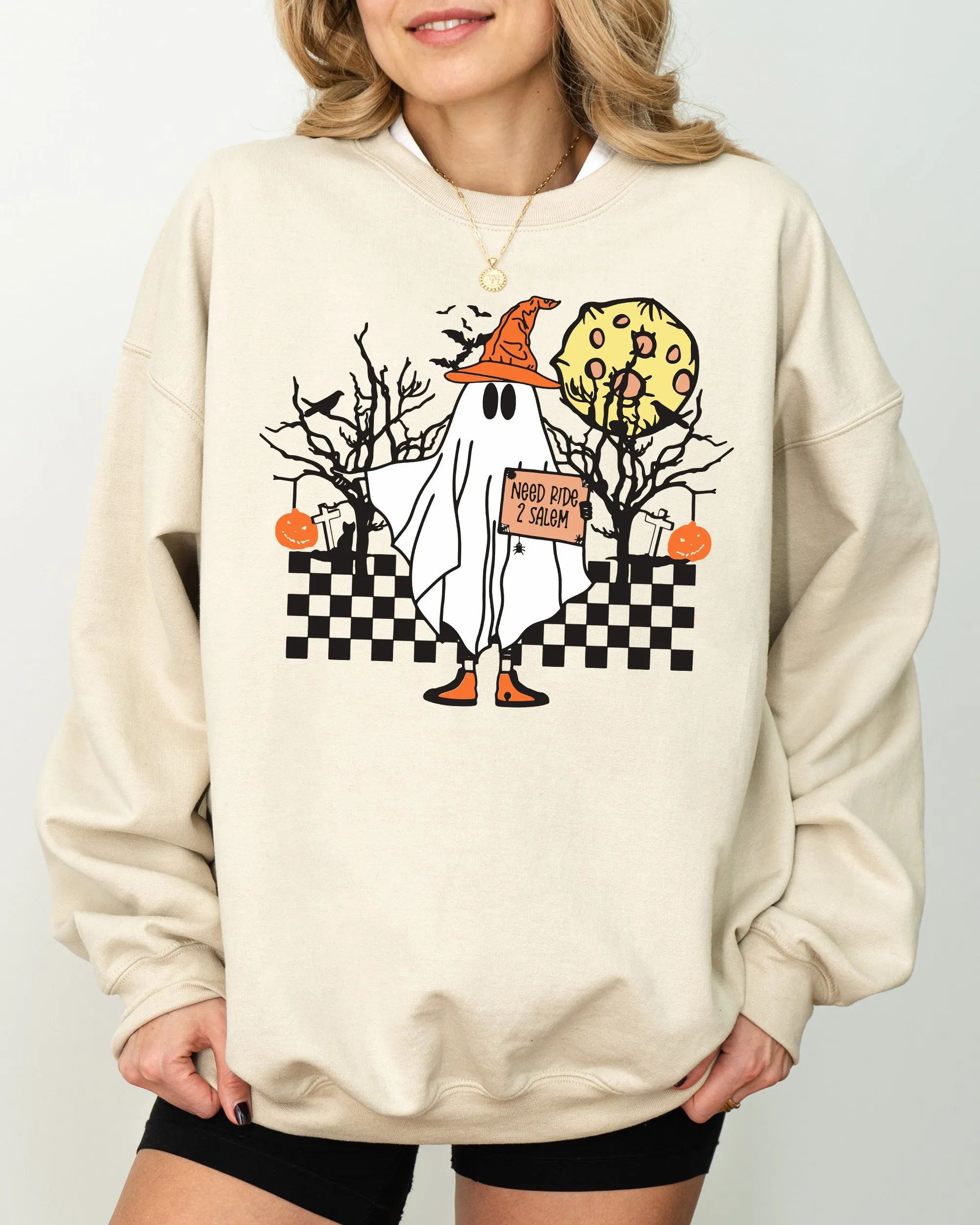 Need Ride to Salem, Ghost, Spooky, Scary, Skeleton, Skull, Western, Witch, Aesthetic, Meme, Halloween, Costume Sweatshirt sold by Refinery Number One product image thumbnail 2