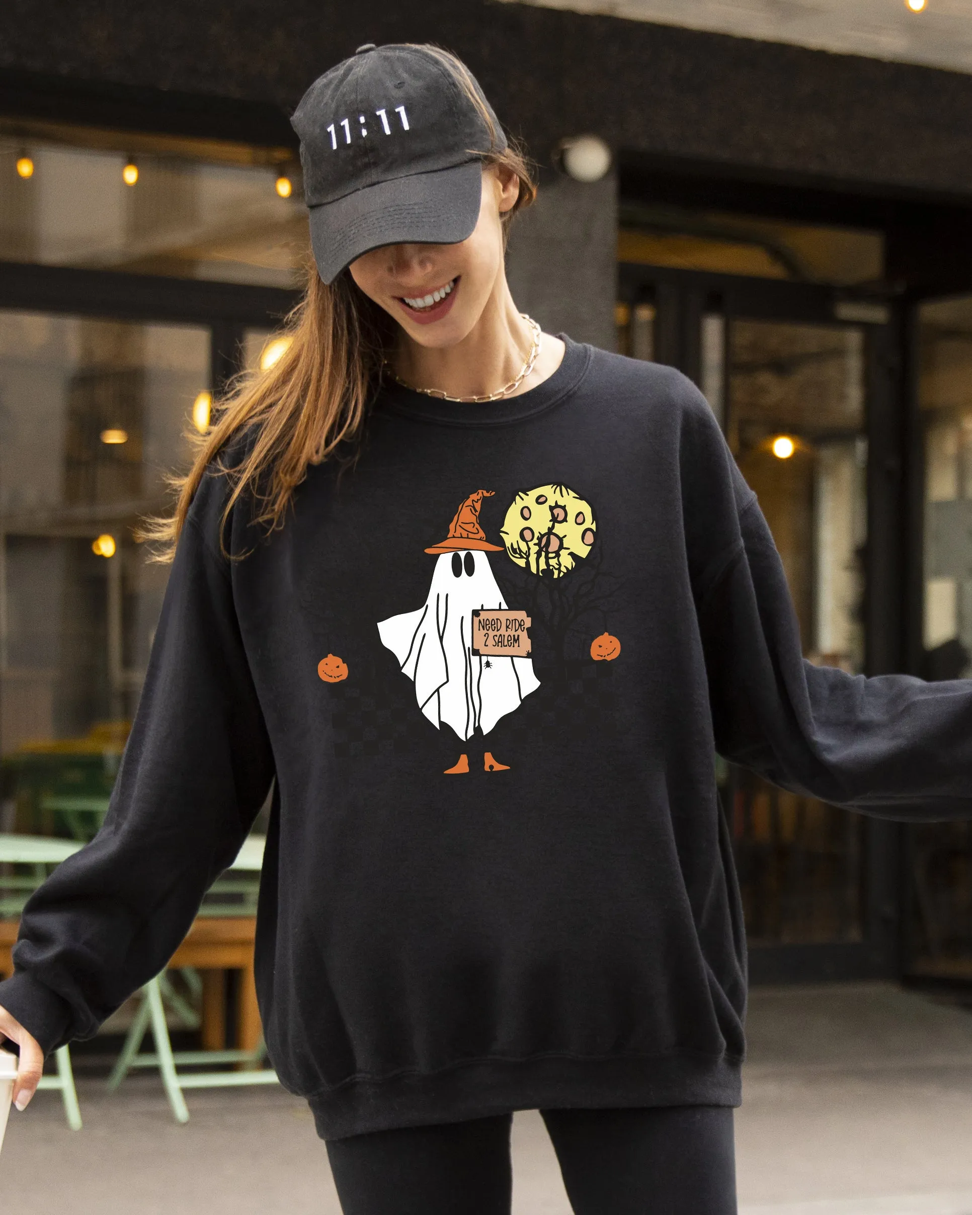 Need Ride to Salem, Ghost, Spooky, Scary, Skeleton, Skull, Western, Witch, Aesthetic, Meme, Halloween, Costume Sweatshirt sold by Refinery Number One product image thumbnail 3