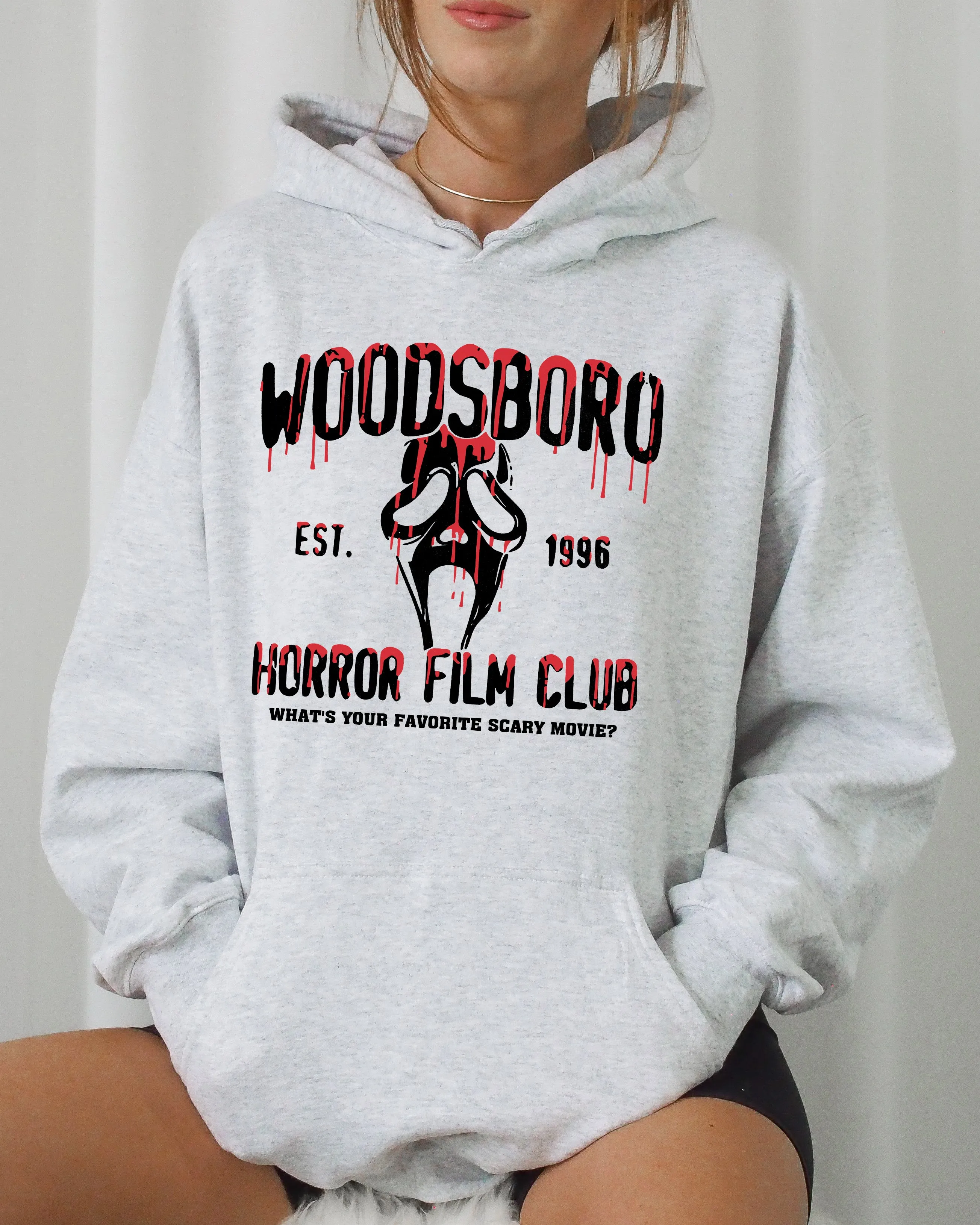 Woodsboro, Horror Film, Skeleton, Spooky, Ghost, Funny, Witch, Aesthetic, Meme, Halloween, Costume, Hoodie, Hooded Sweatshirt sold by Refinery Number One
